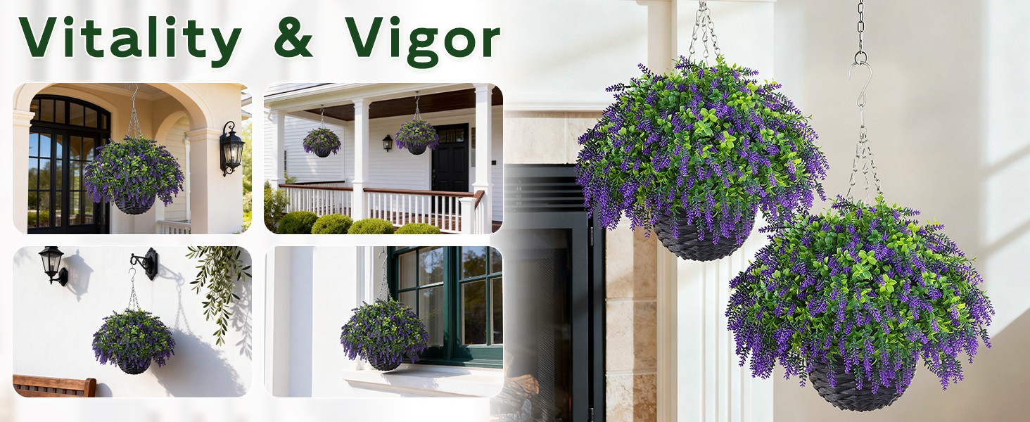Artificial Lavender and Boxwood Hanging Basket – 2 Set for Outdoor