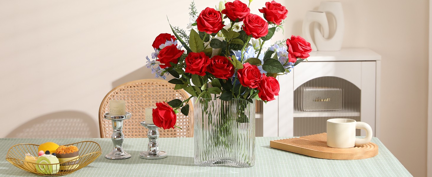 12PCS Artificial Silk Flowers Realistic Roses Bouquet Long Stem for Home Wedding