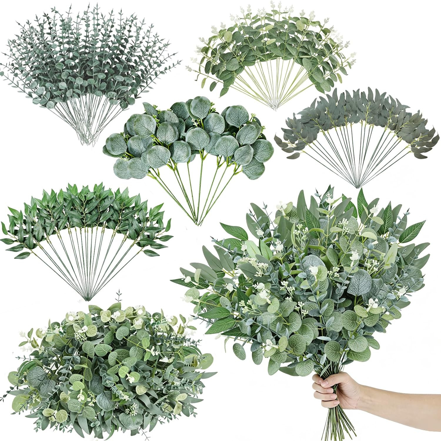120 Pcs 5 Kinds Mixed Artificial Eucalyptus Stems Bulk Silver Dollar Eucalyptus