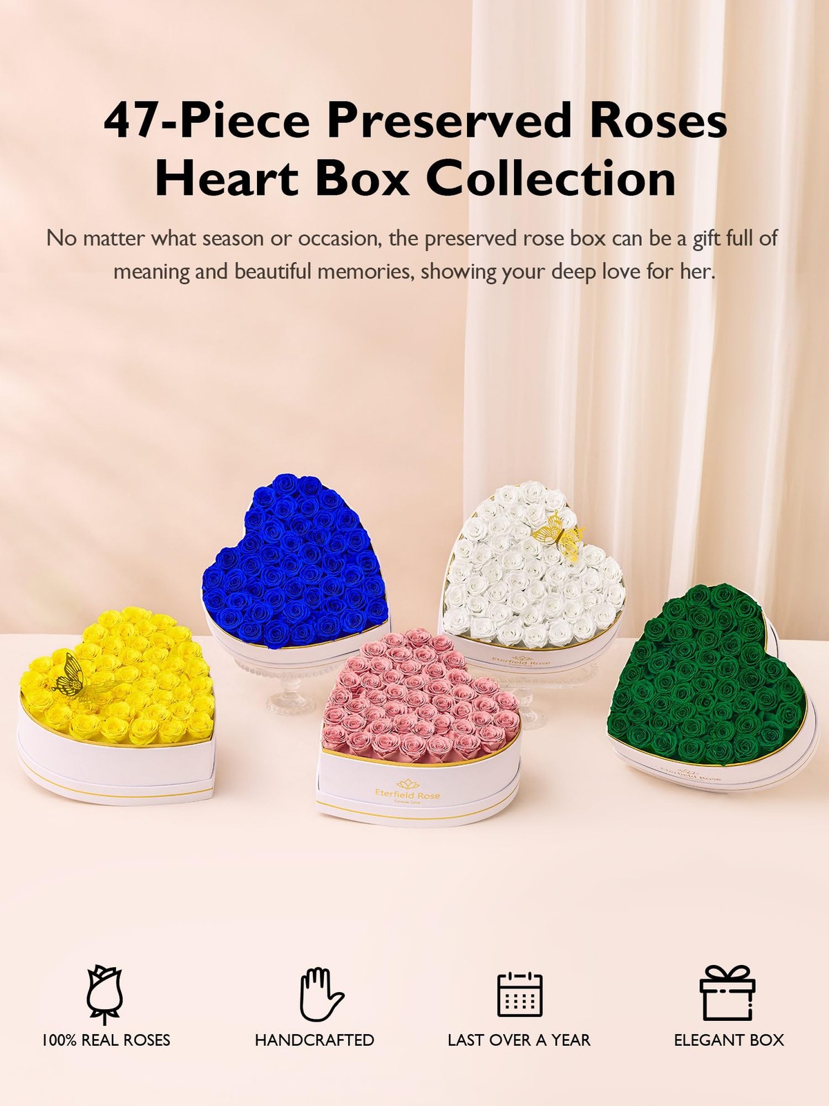 47 Forever Flowers in Heart Shape Box, Preserved Roses That Last a Year Prese…