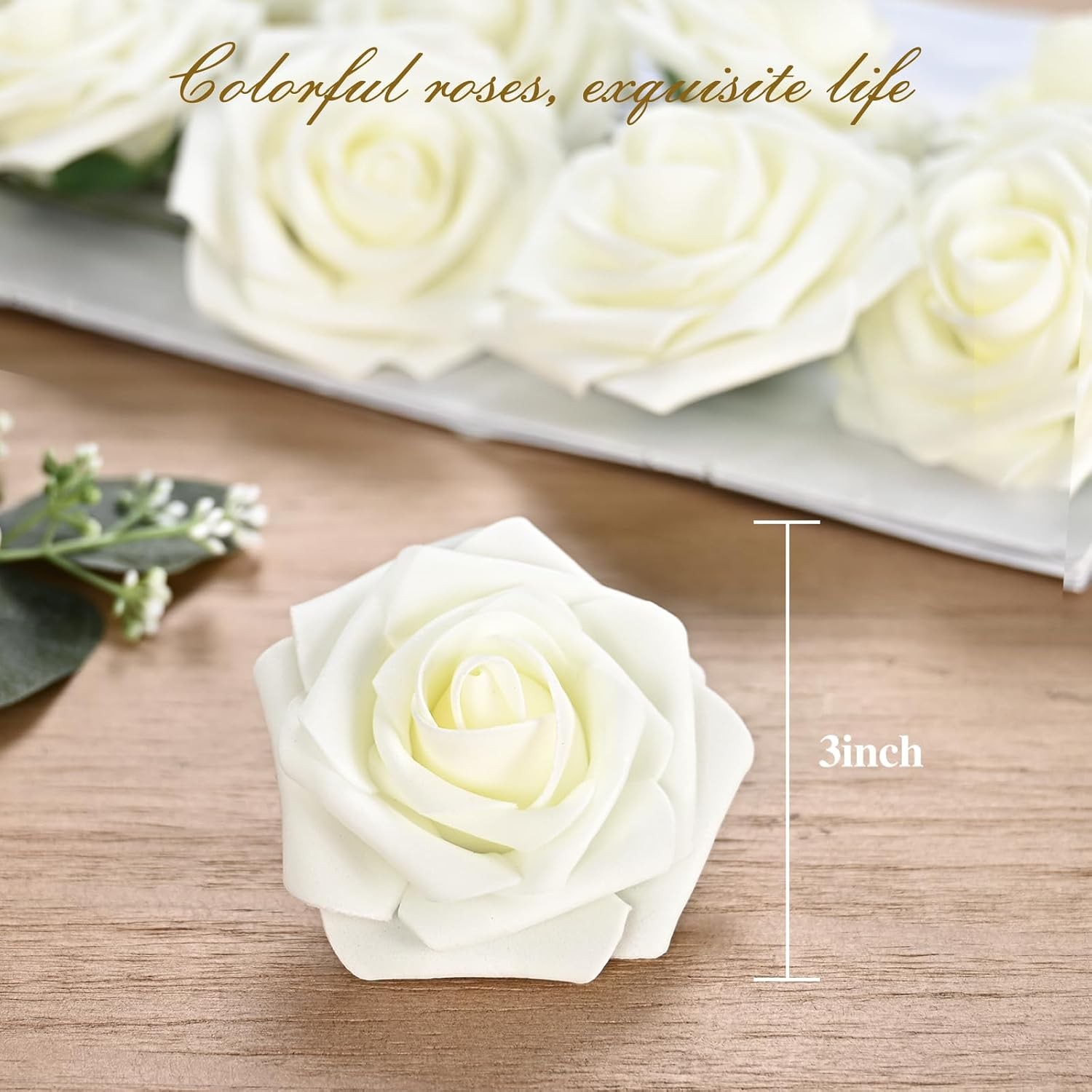 16Pcs Artificial Flowers Fake Roses with Stems, Ivory White Boxed Foam Roses for