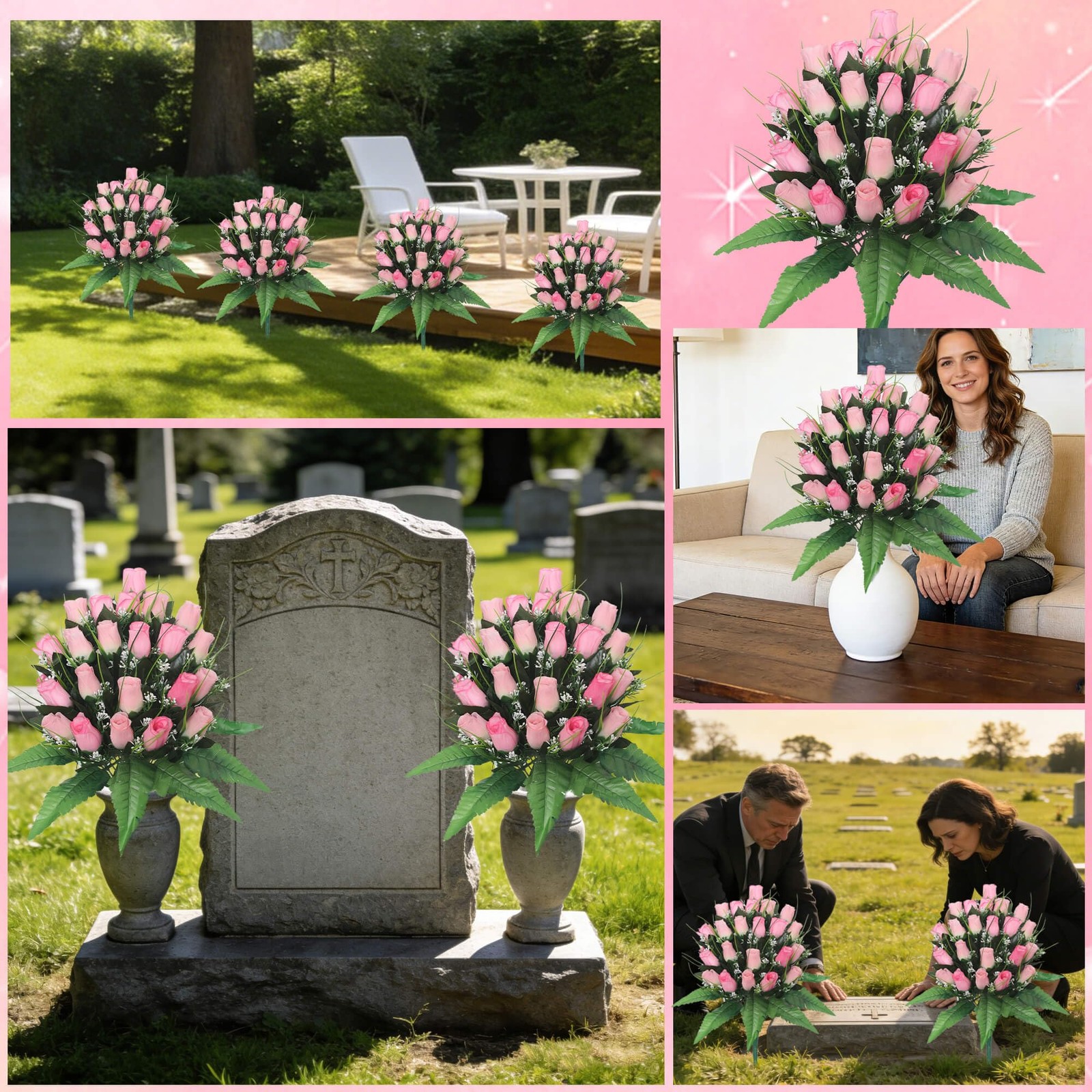 Artificial Cemetery Flowers – 2 Pack Silk Floral Displays for Headstone Decor…