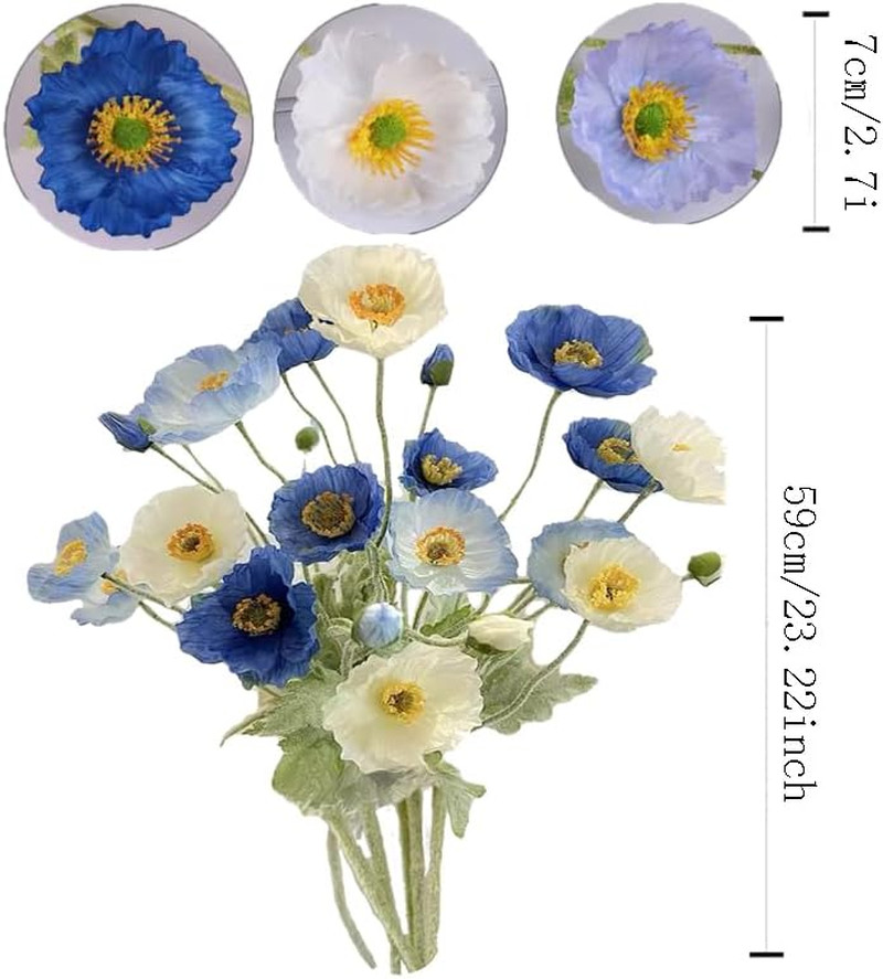 6pcs Artificial Poppy Flowers Silk Fake Poppy Flowers with Stems Faux Spring Flo
