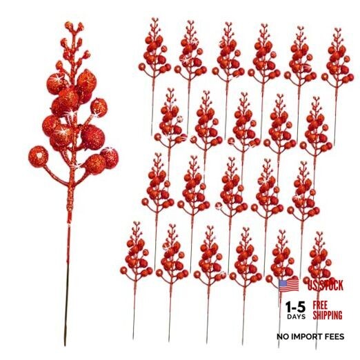 Christmas Tree Decorations Christmas Glitter Berry Stems 8 Inch, Artificial Red