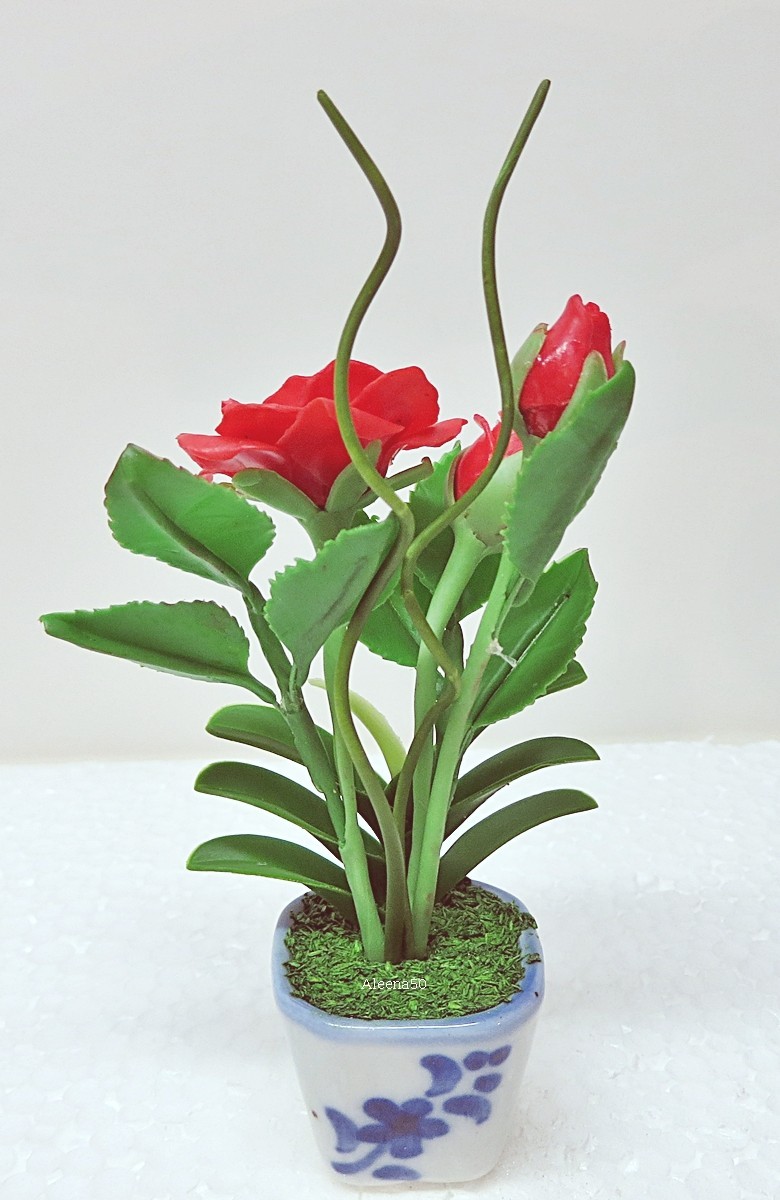 Us Stock 4’H Miniature Red Rose Polymer-Clay Flower Handmade Arranged-Potted