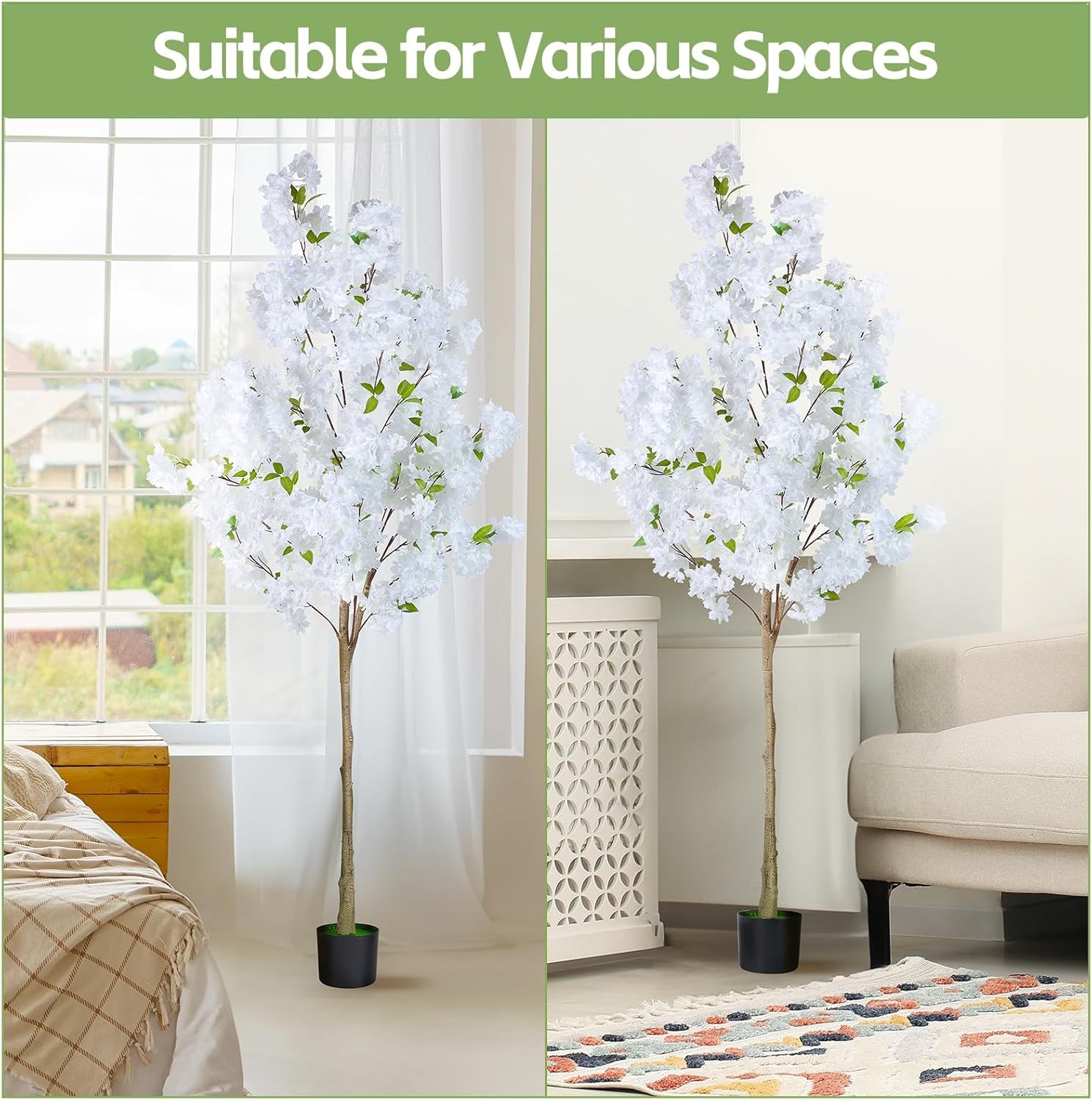 6FT Pink/White Cherry Blossom Artificial Tree, Fake Tree w/Plastic Nursery Pot