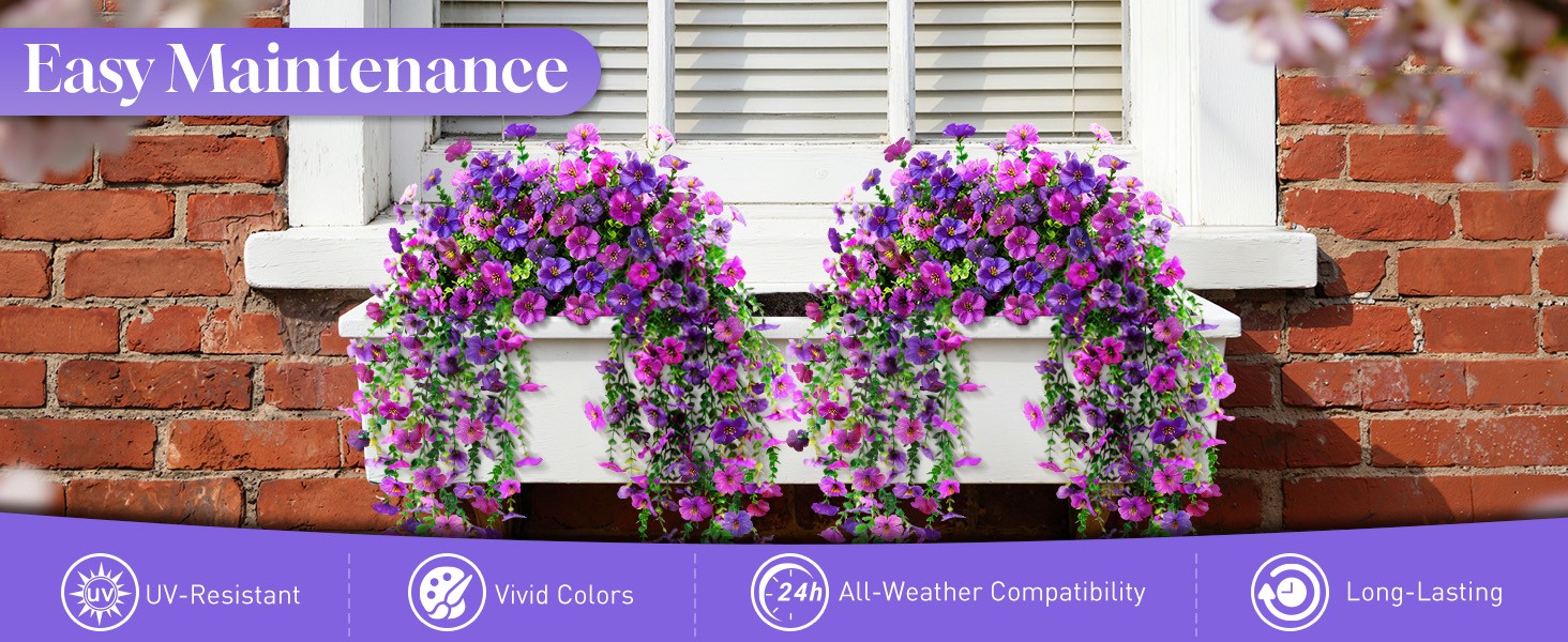 2 Pcs Artificial Hanging Flowers, UV Resistant Fake Flowers with Flexible Stems,
