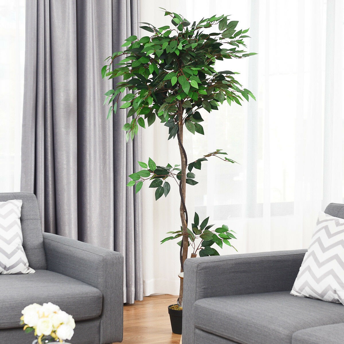Costway 5.5FT Artificial Ficus Silk Tree Wood Trunks Green In/Patio Home Décor