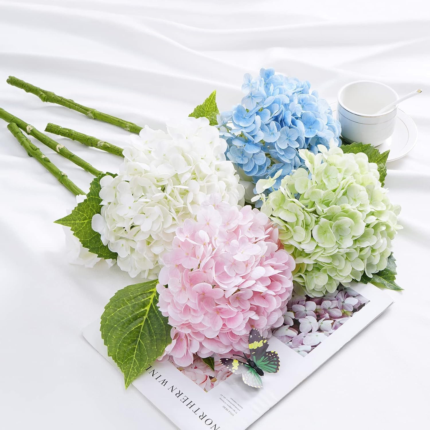 21″ Real Touch Green Hydrangea Artificial Flowers with Long Stem & Leaves, Full