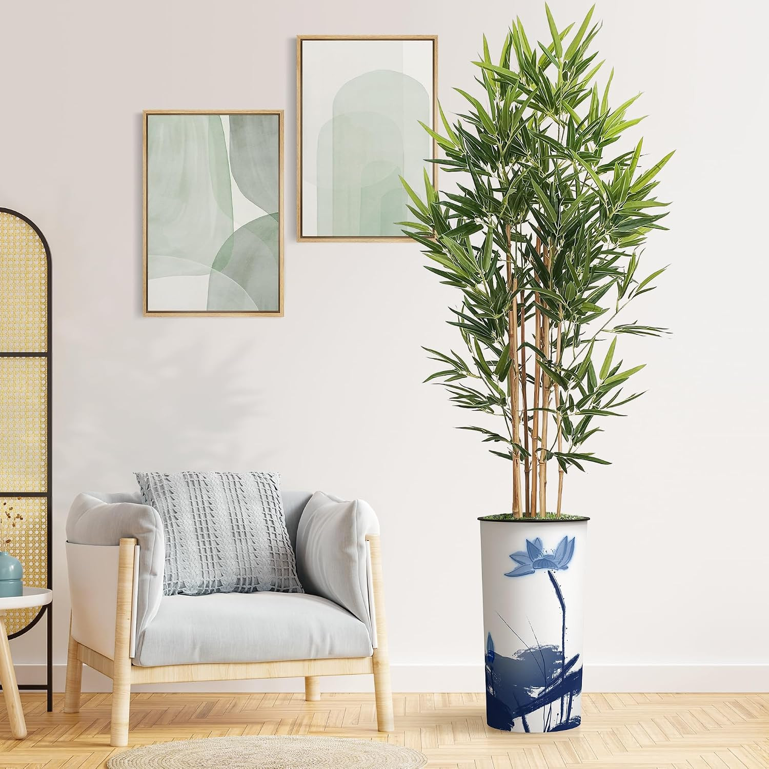 Artificial Tree in Blue Flower and Paint Texture Planter, Fake Bamboo Silk Tree