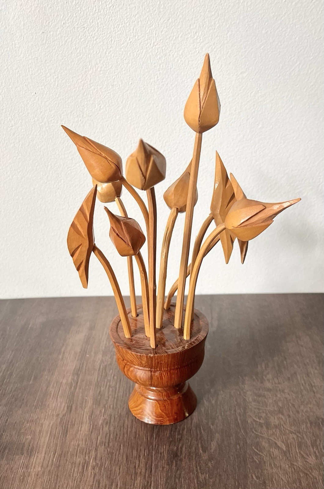 Hand Carved Monkey Pod Wooden Flower Arrangement Vase Mid century