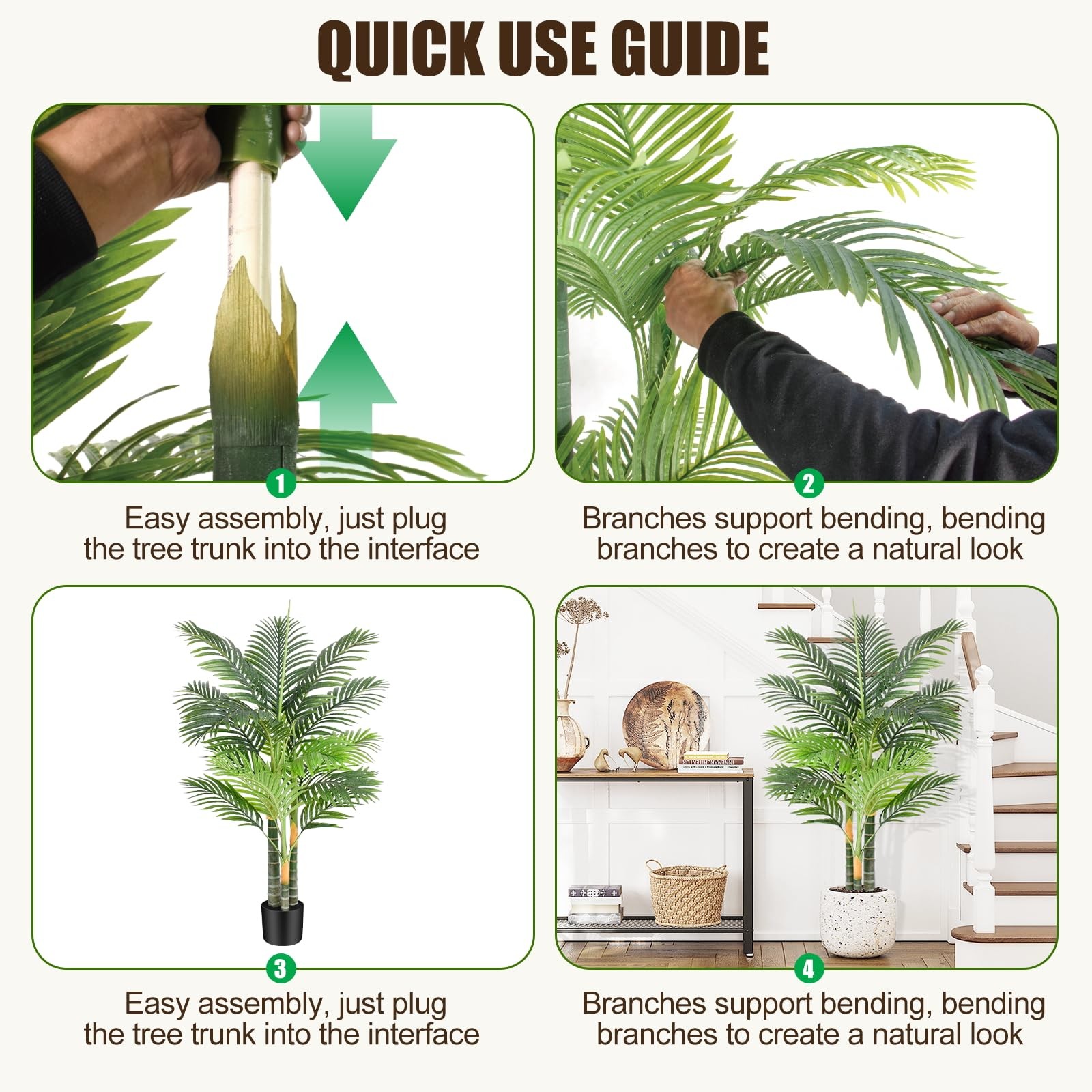 4ft Tall Triple Golden Cane Palm Artificial Tree Large Tropical Palm Tree UV …