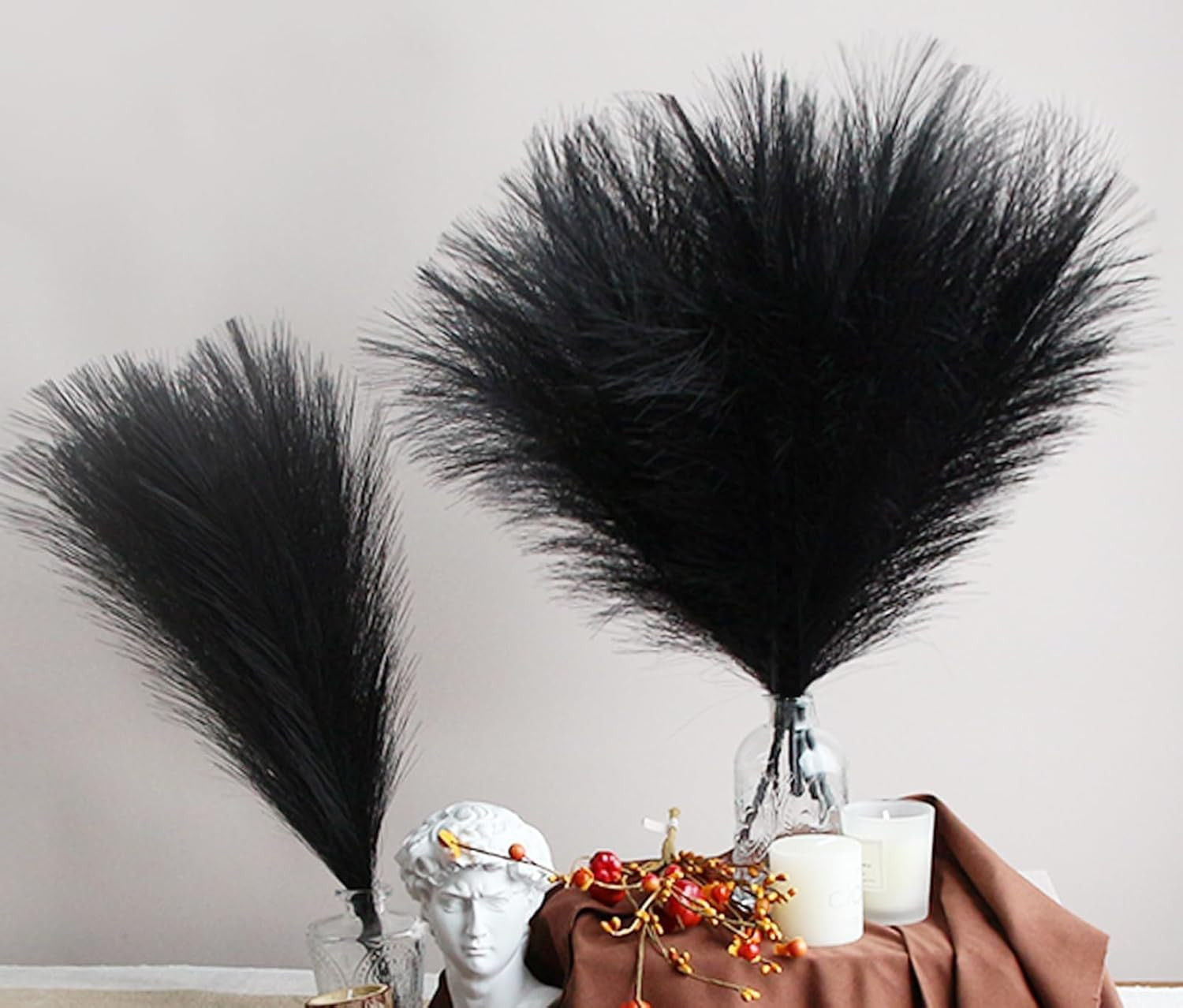 6-Pcs 17″ Black Pampas Grass Faux Pompas Fluffy Artificial Fake Flower Gothic De