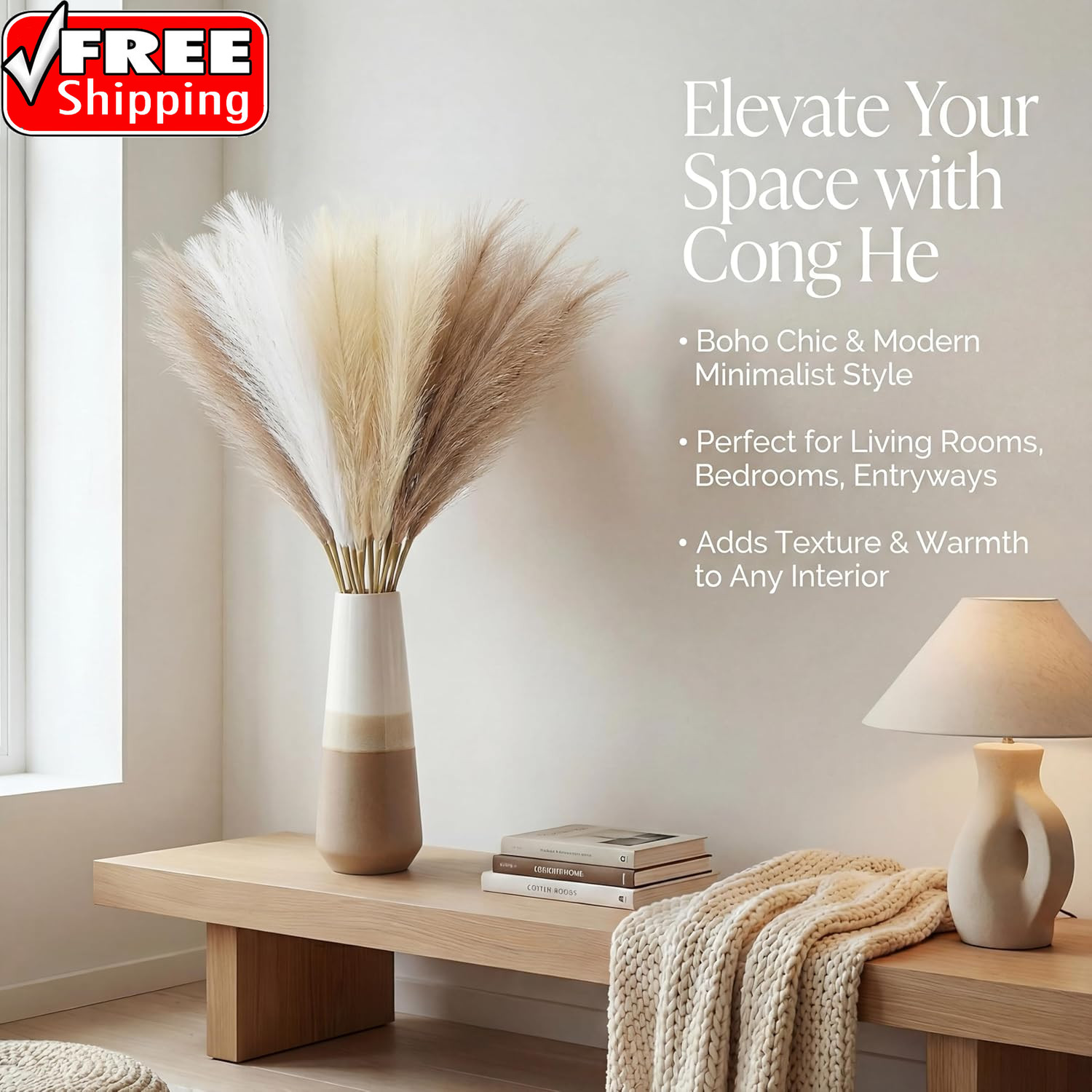 Pampas Grass Decor 21.7 Inch 30Pcs, Faux Pampas Grass White Beige Brown Ultra Fl