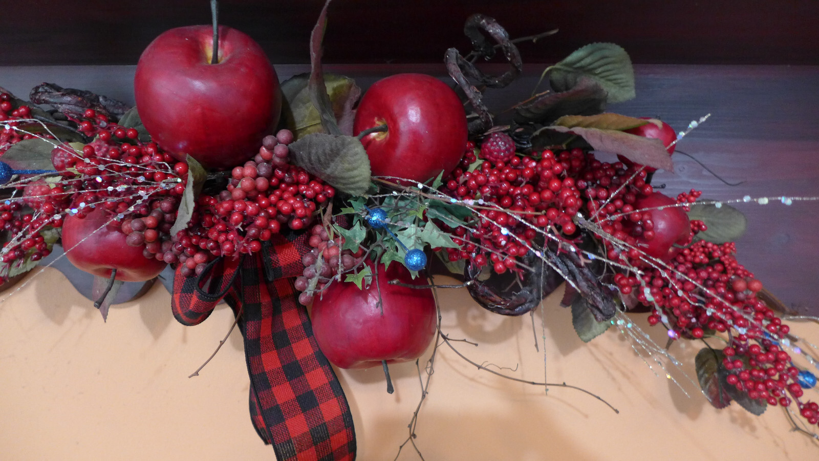 XL Swag Floral Red Apples Wall Decor Grapevine Fruit Blue Bling Fall Autumn Hang