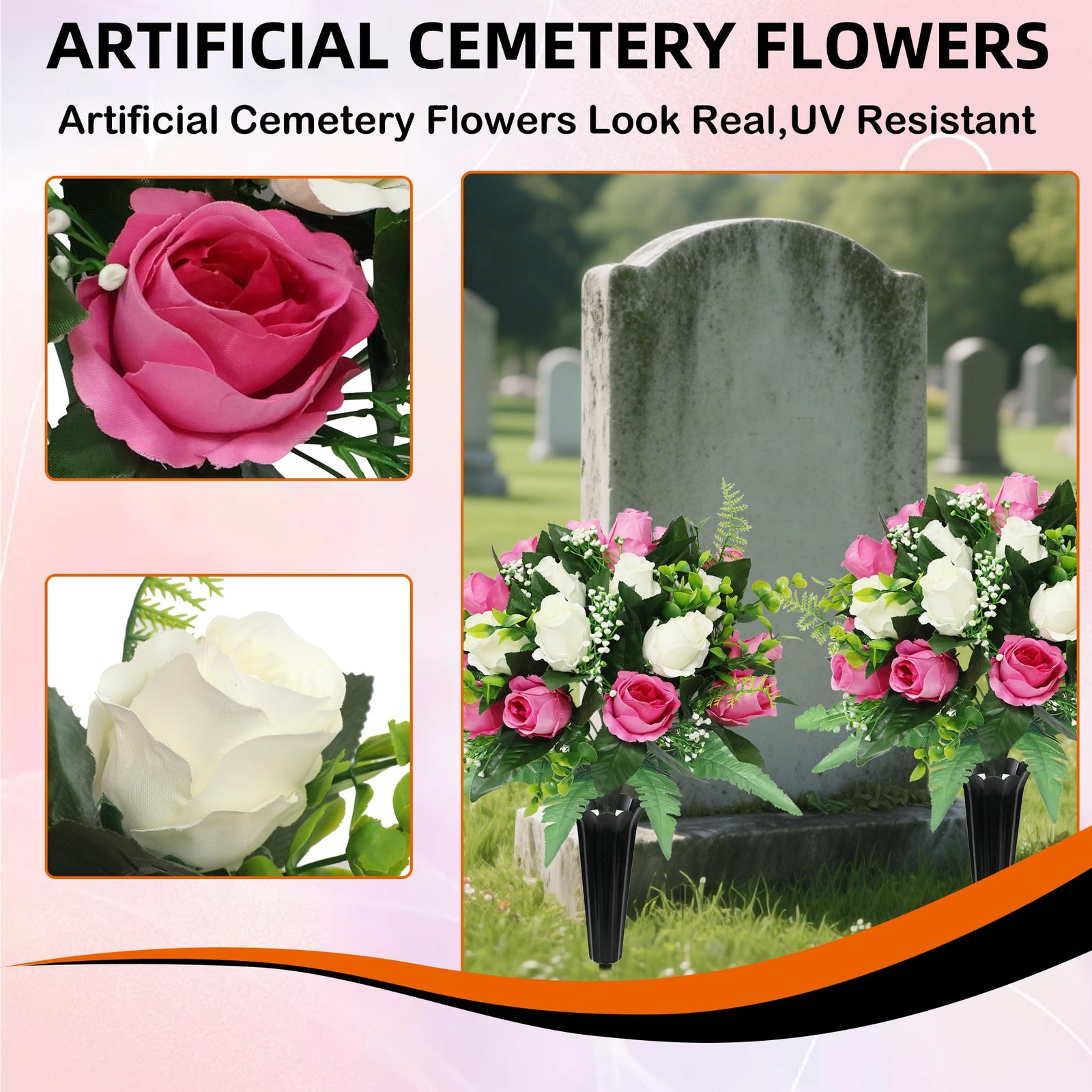 2 Sets Artificial Cemetery Flowers for Grave,Realistic Grave Flowers for Ceme…