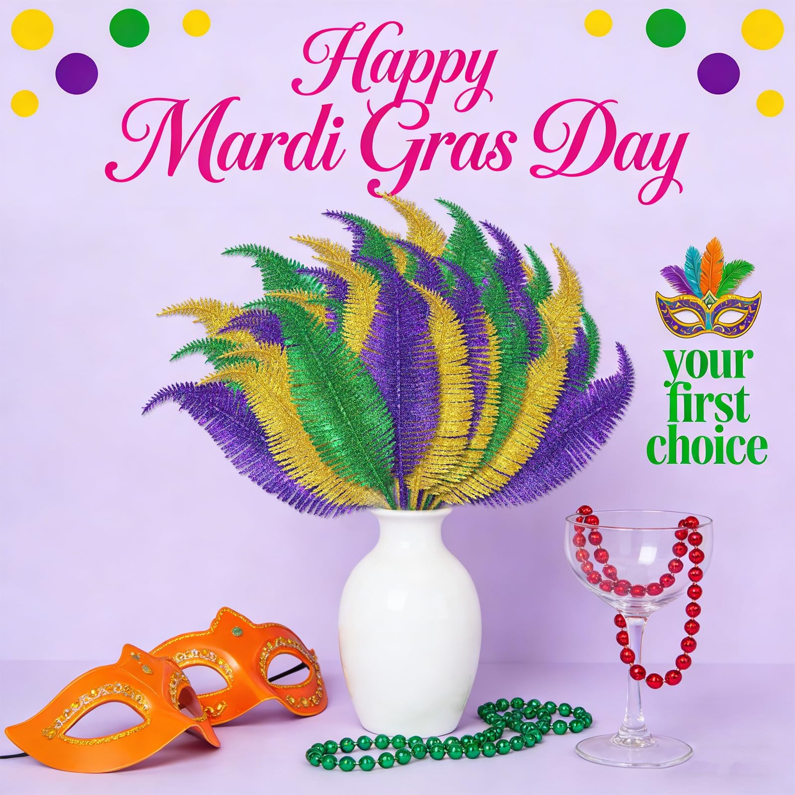 Mardi Gras Feathers Leaves Decorations Green Gold Purple Glitter Picks Bulk f…