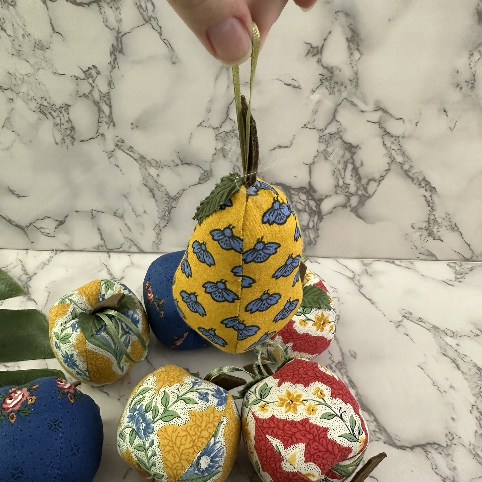 Vintage 90s Fabric Fruit Vase Filler Bowl Decor Blue Yellow Cottage Apple Pears