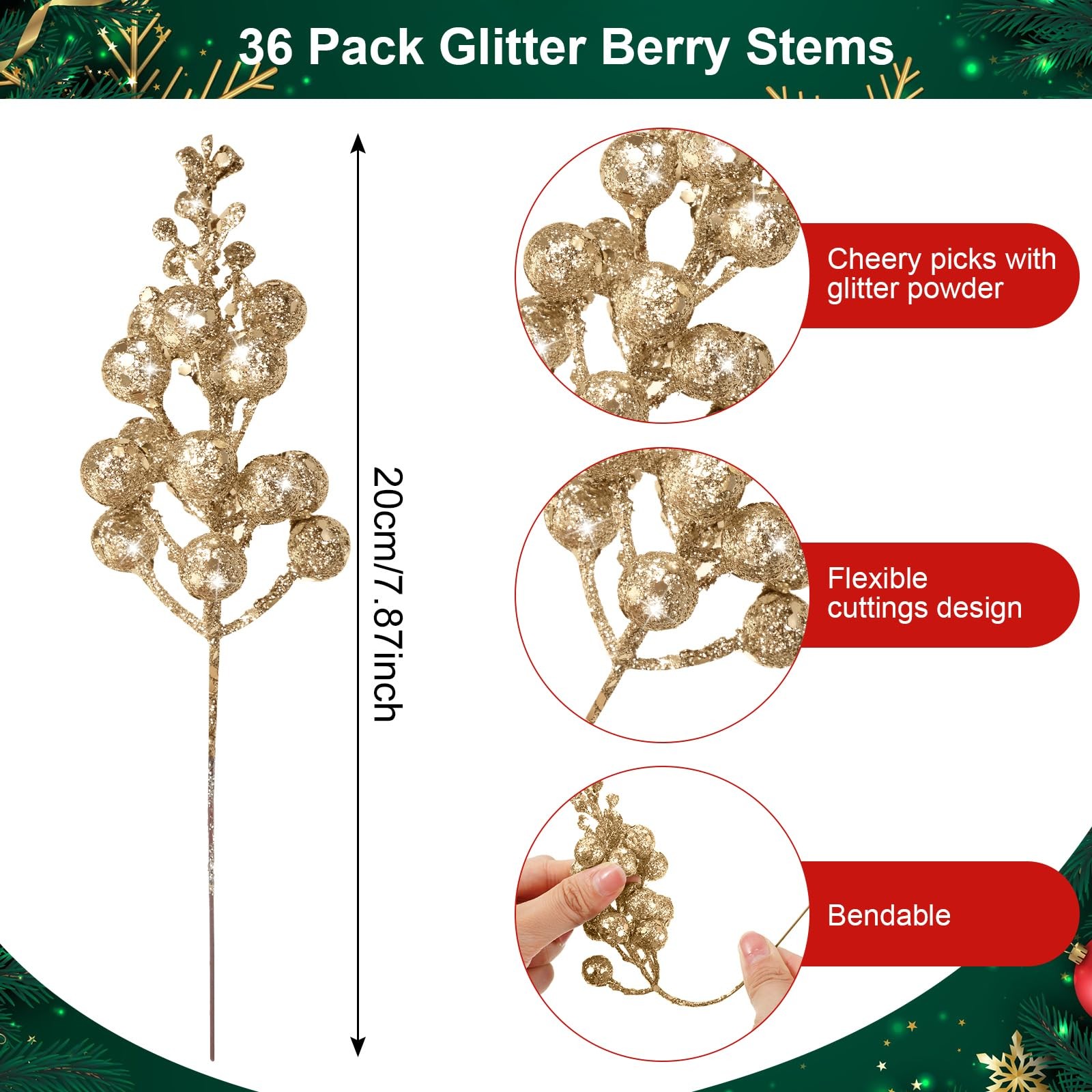 36 Pcs Christmas Glittered Berries Stems 7.9 Inch Artificial Berries Sprays B…