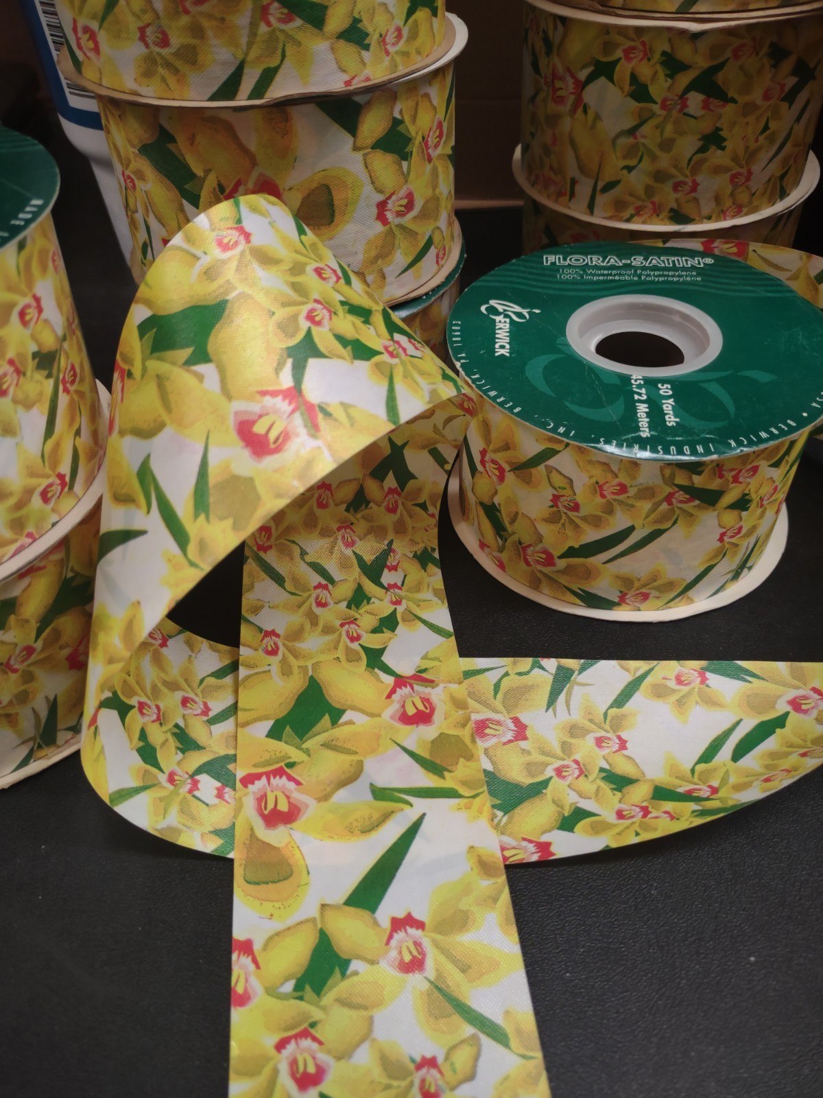 50Yds Berwick Flora-Satin Orchid Ribbon, Yellow & White Cymbidium Orchids 2-3/8″