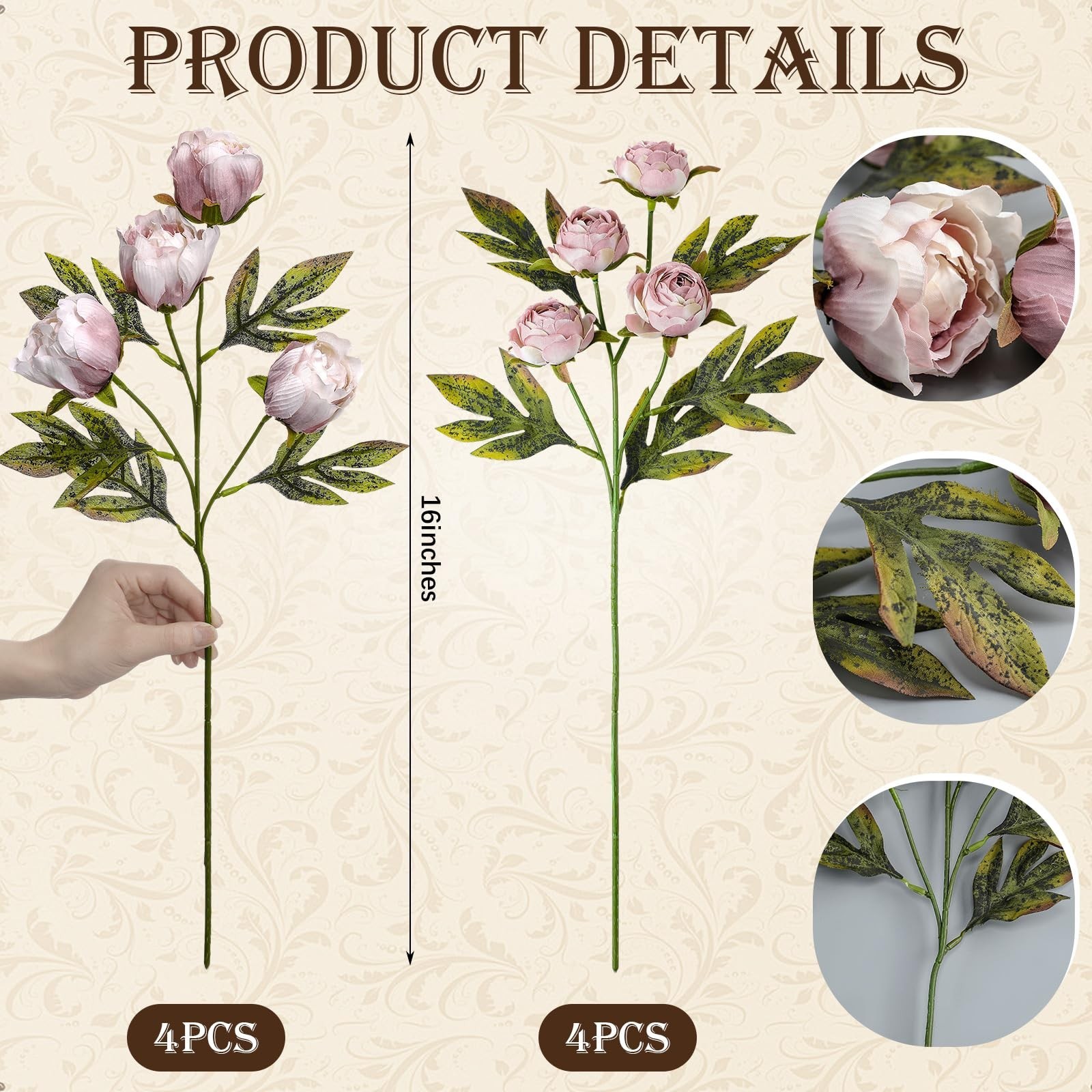 8 Pcs Faux Silk Peony Flowers Stems – Brownish Artificial Floral for Home Decor,