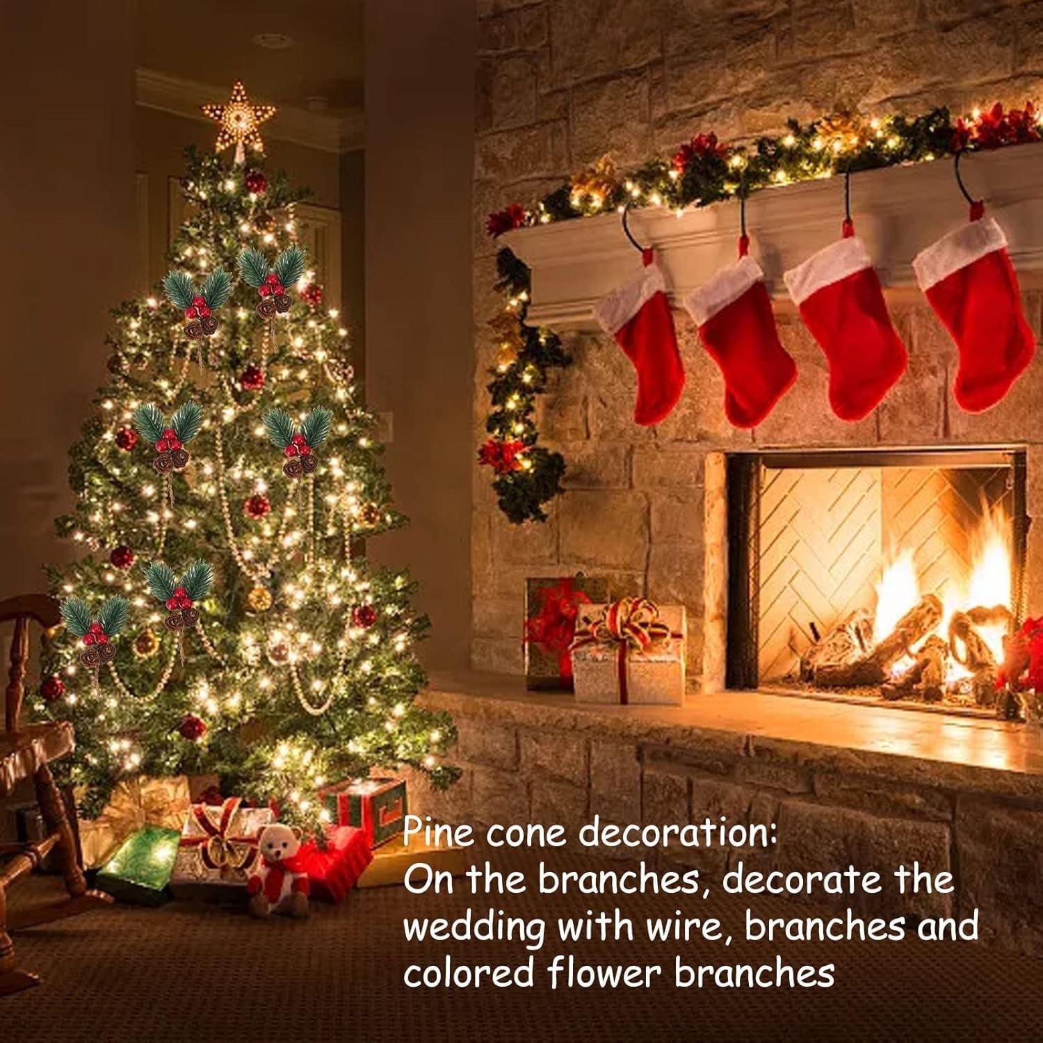 10Pcs Christmas Floral Picks with Pine Cone and Holly , Red Branches with Gre…