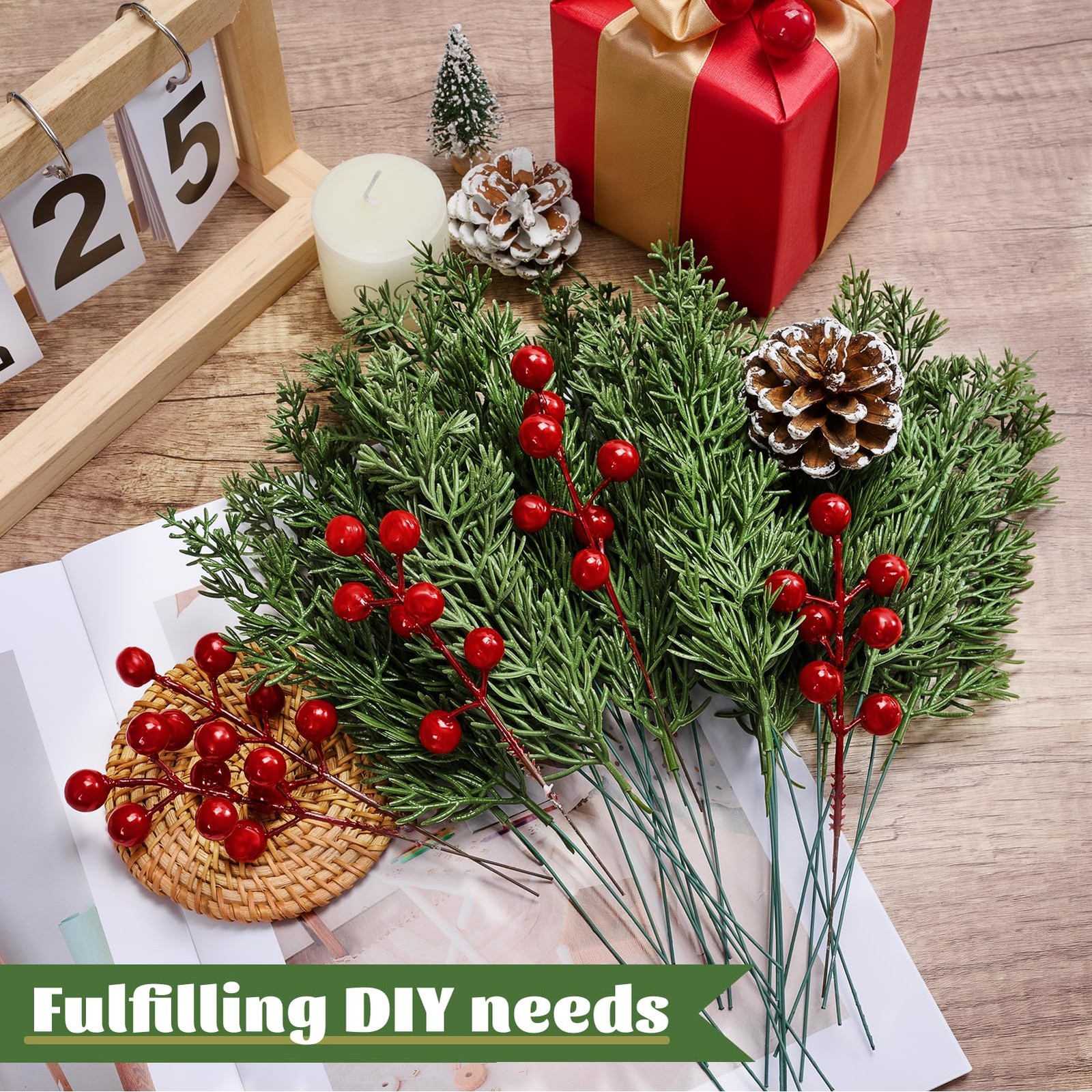 45PCS Artificial Christmas Pine Branches with Red Berry Stems