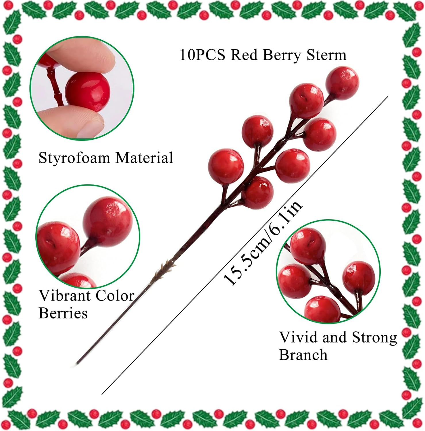 45Pcs Artificial Pine Branches with Red Berries 13In Xmas Stems for Wreath Decor