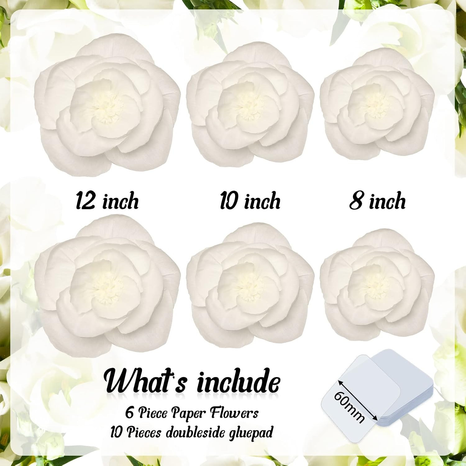 6 Pcs Extra Large Jumbo White Paper Flower Decorations for Wall with 10 Pcs Gel