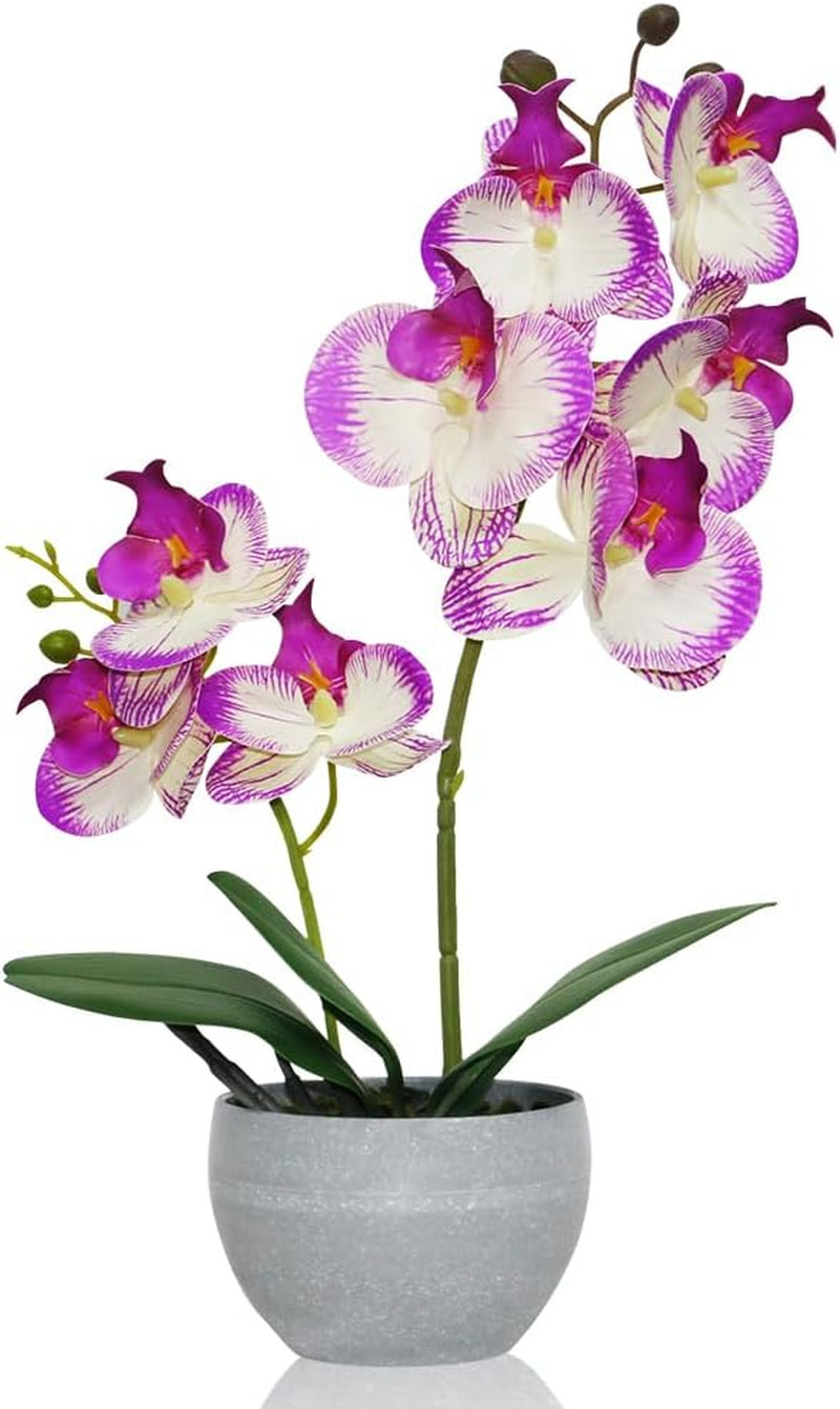 Purple Orchid Artificial Flowers 2 Stems in Grey Pot, Potted Faux Orchid Flower