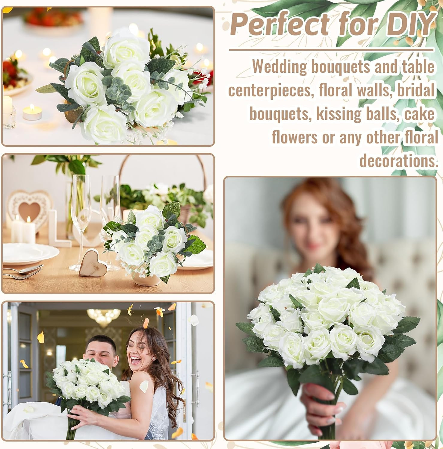 36 Pcs Silk White Rose Bouquet – Realistic Artificial Flowers for Weddings & Dec