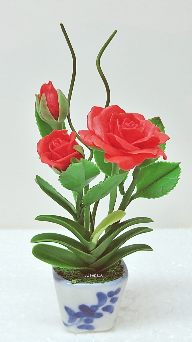 Us Stock 4’H Miniature Red Rose Polymer-Clay Flower Handmade Arranged-Potted