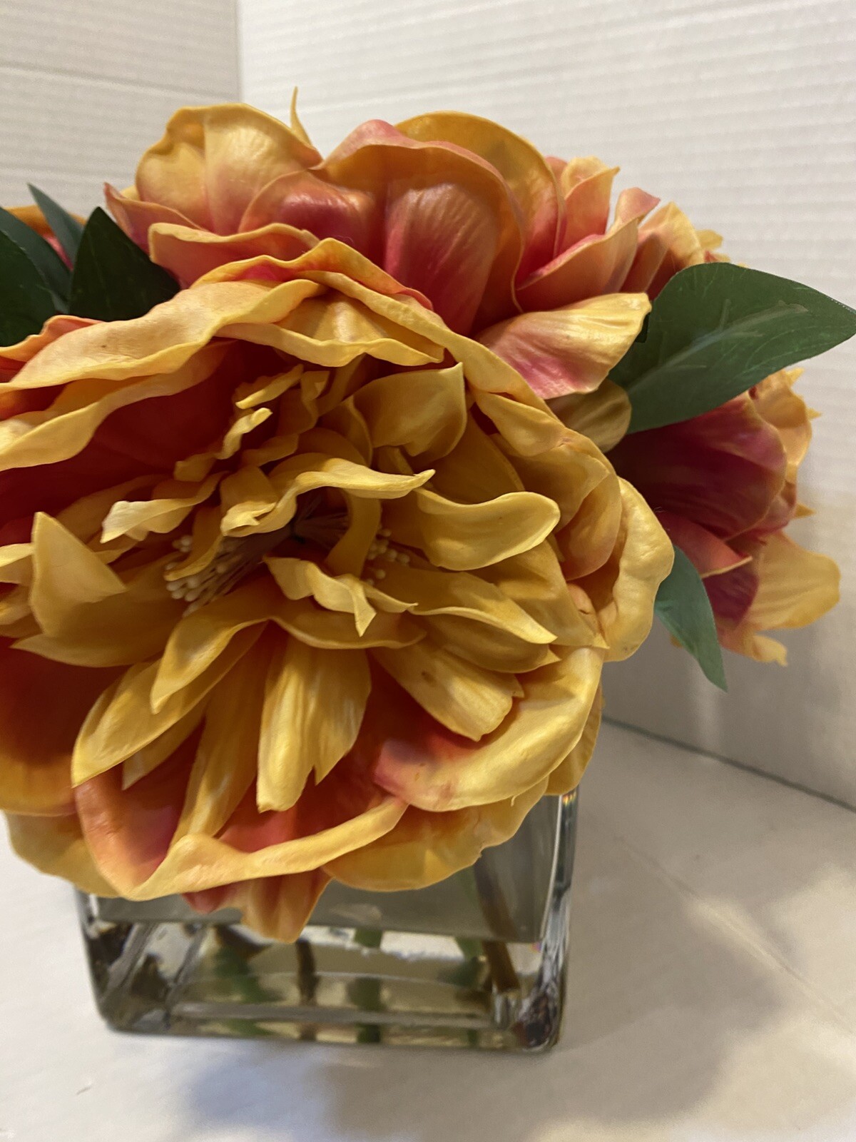 Artificial Flowers in Vase with Faux Acrylic Water Peonies Floral Peach Yellow
