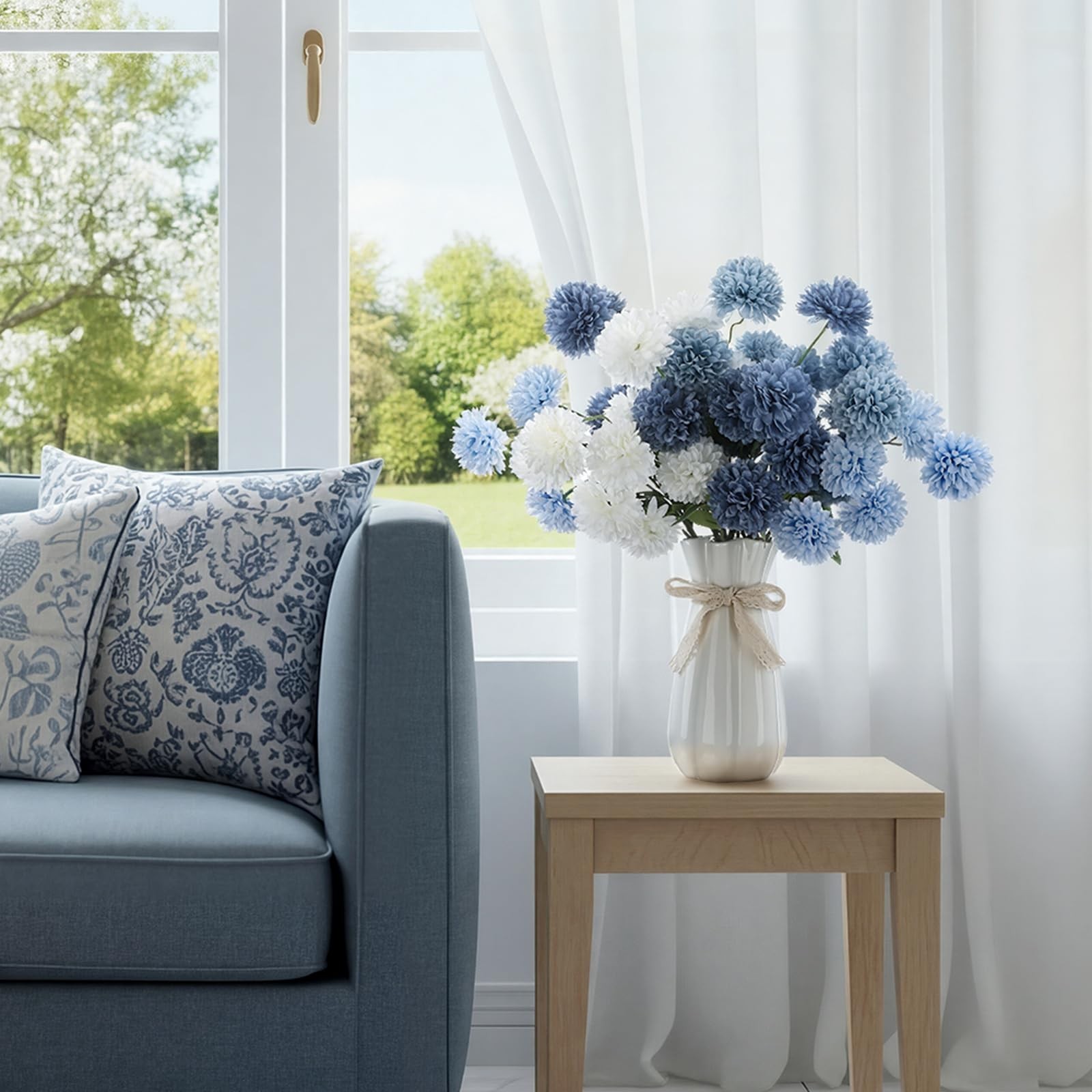 White Navy Blue Artificial Chrysanthemum Silk Mum Flowers 8 PCS 21 Inch Ball