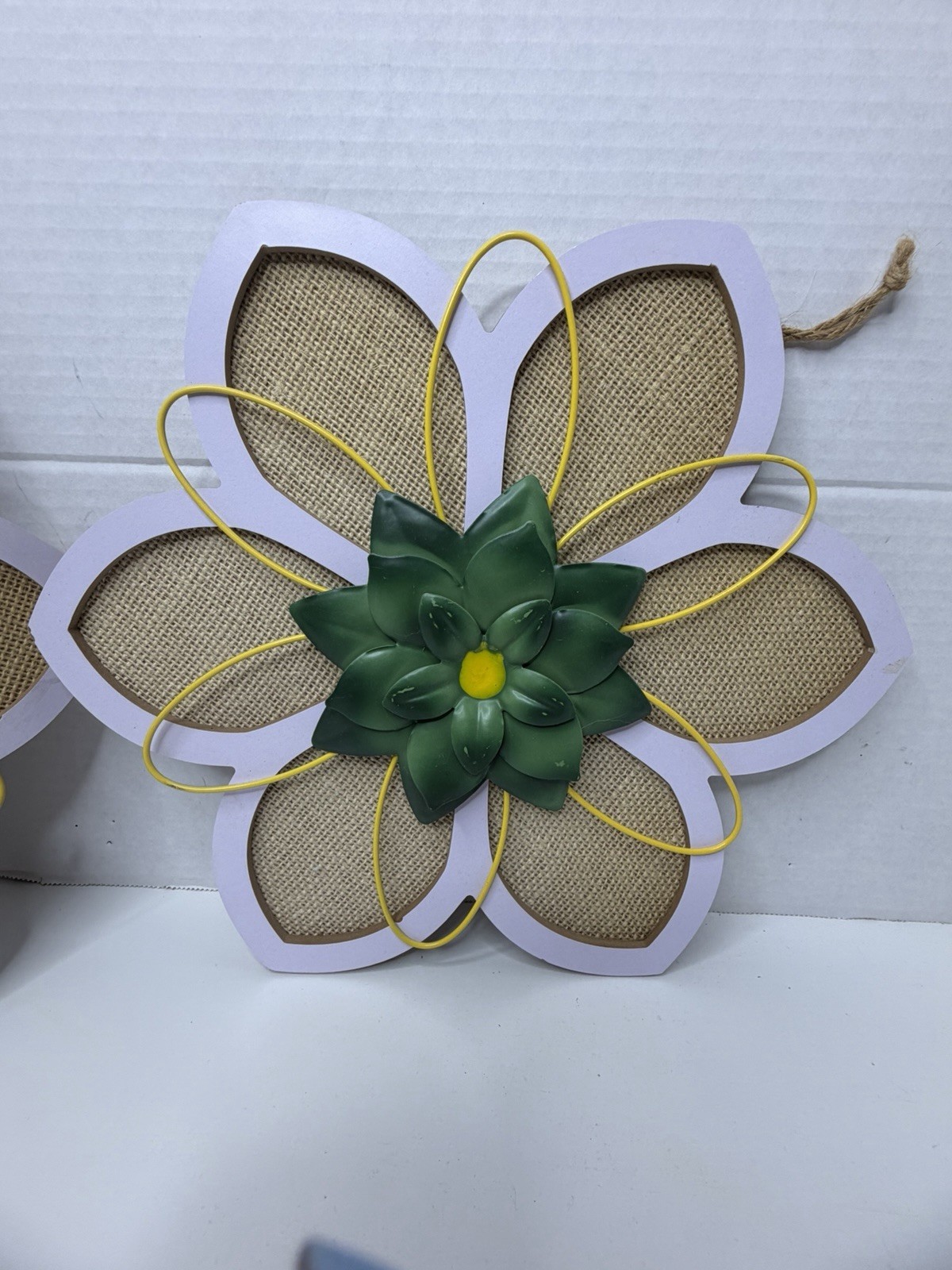3 Wood Burlap & Metal 3D Flowers Decor Hanging 12” Wall Home Decor Wall Hanger