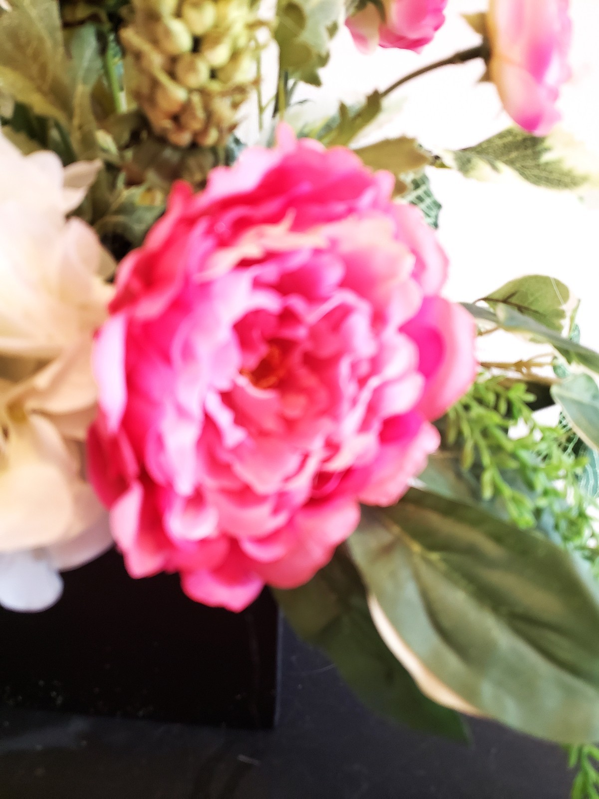 Hot Pink Peony & White Hydrangea Arrangement, Pink Spring Silk Floral