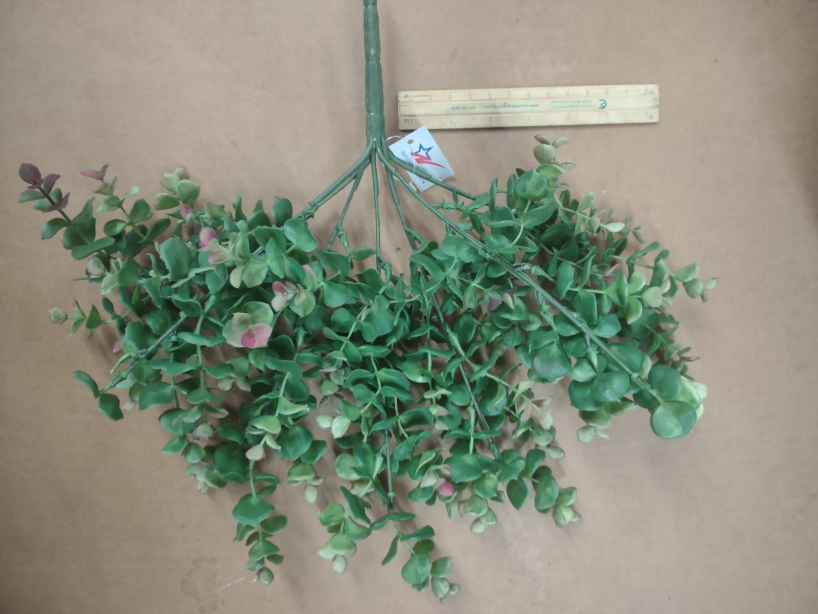 Plastic Spiral Eucalyptus Bush, 13″ Green w Pink Tips, 7 Wired Branches Baby Euc