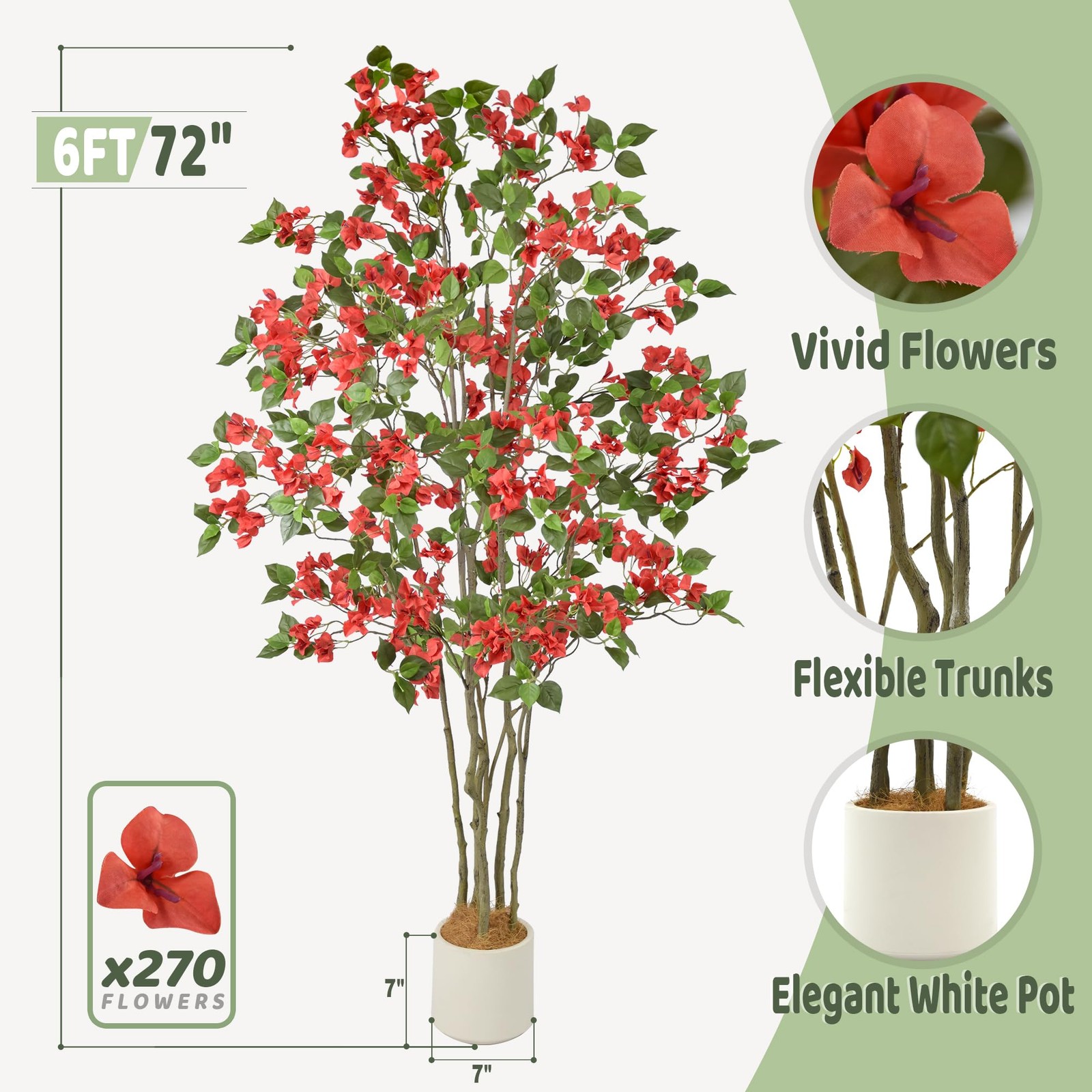Artificial Red Bougainvillea Tree 6FT with 270 Flowers & White Planter Realis…