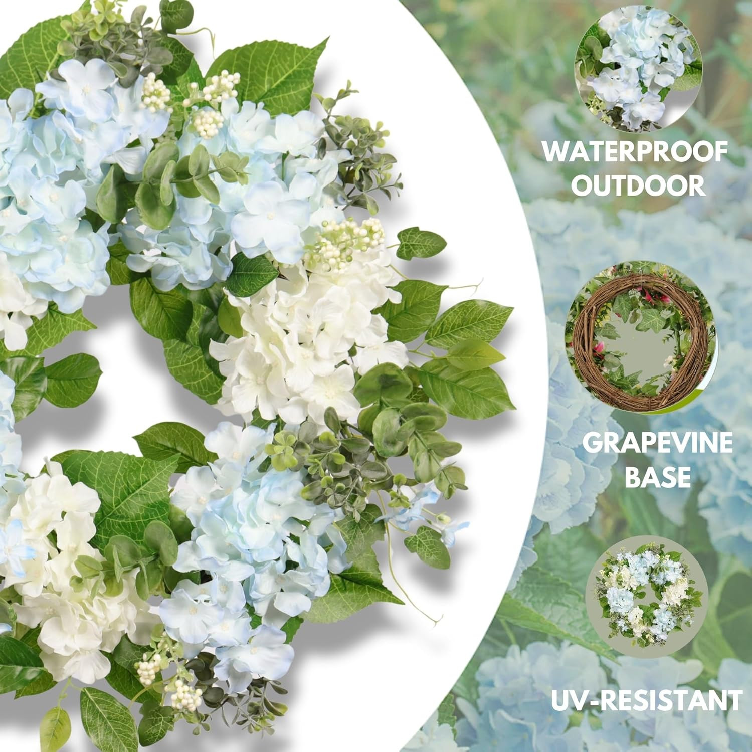 Spring Wreath Artificial Hydrangea Eucalyptus 20IN, Light Blue White Green, Spri