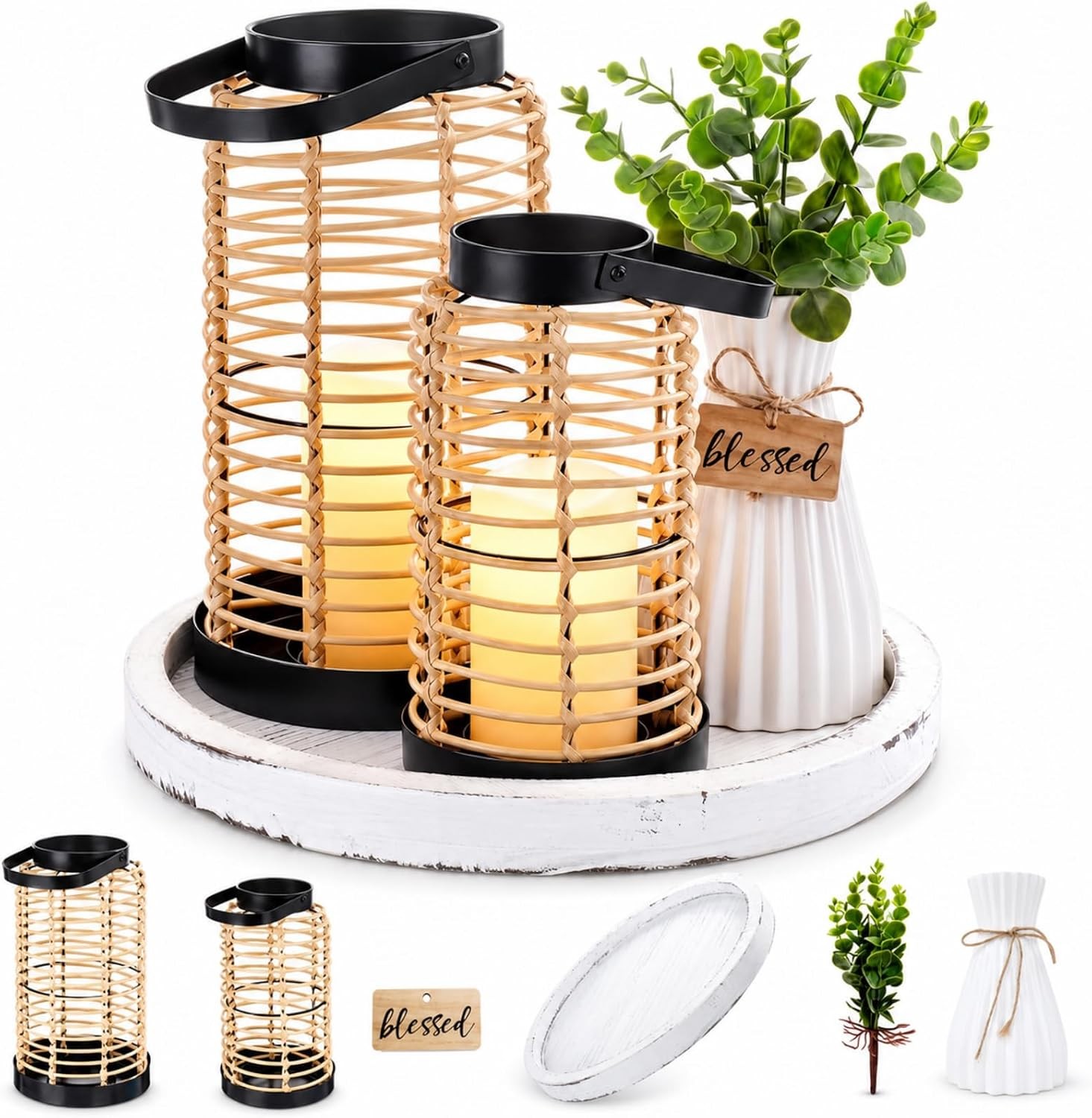 6 Pcs Natural Rattan Boho Lanterns Rustic Farmhouse Decor Dining Table