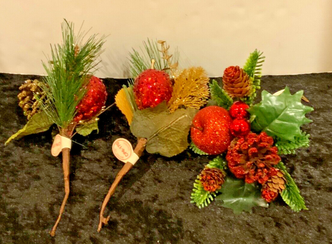 Lot of 3 VINTAGE Floral Pine Cone & Beaded & Fruit Basket Pick Decorations