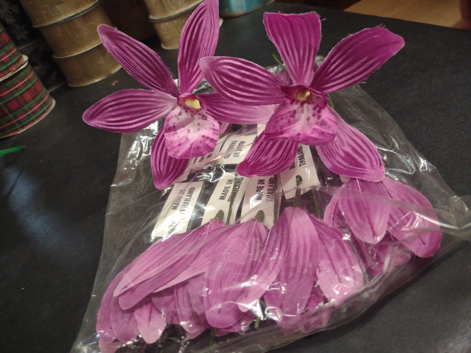 12 Stems 1970s Vintage Silk Orchids, 9″ Cymbidium Orchid Flower Pick Plum Purple