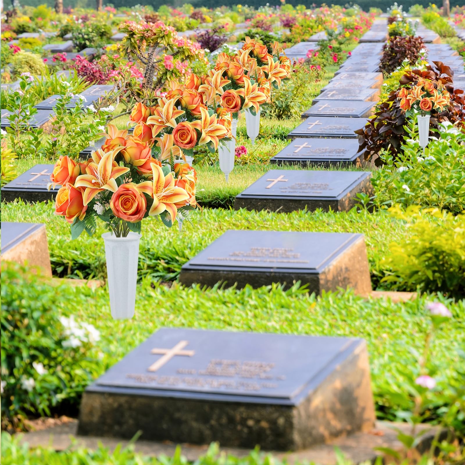 2 Set Artificial Cemetery Flowers with Grave Vase-2 Bunches Lilies & Rose Mix…