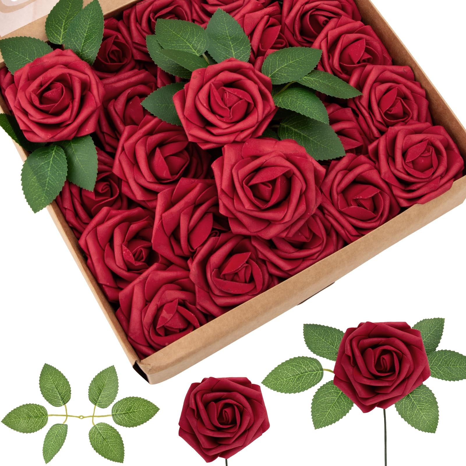 100Pcs Red Fake Roses Artificial Flowers Foam Rose Bulk with Stems