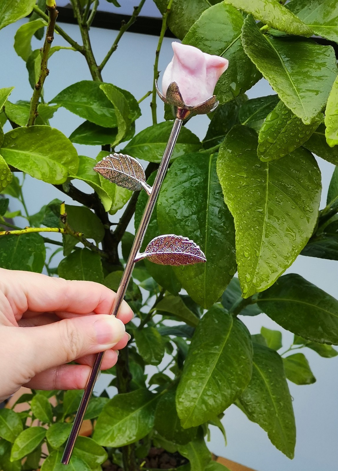Pink Opal and White Jade rose with silver stem , Decorative Collectible