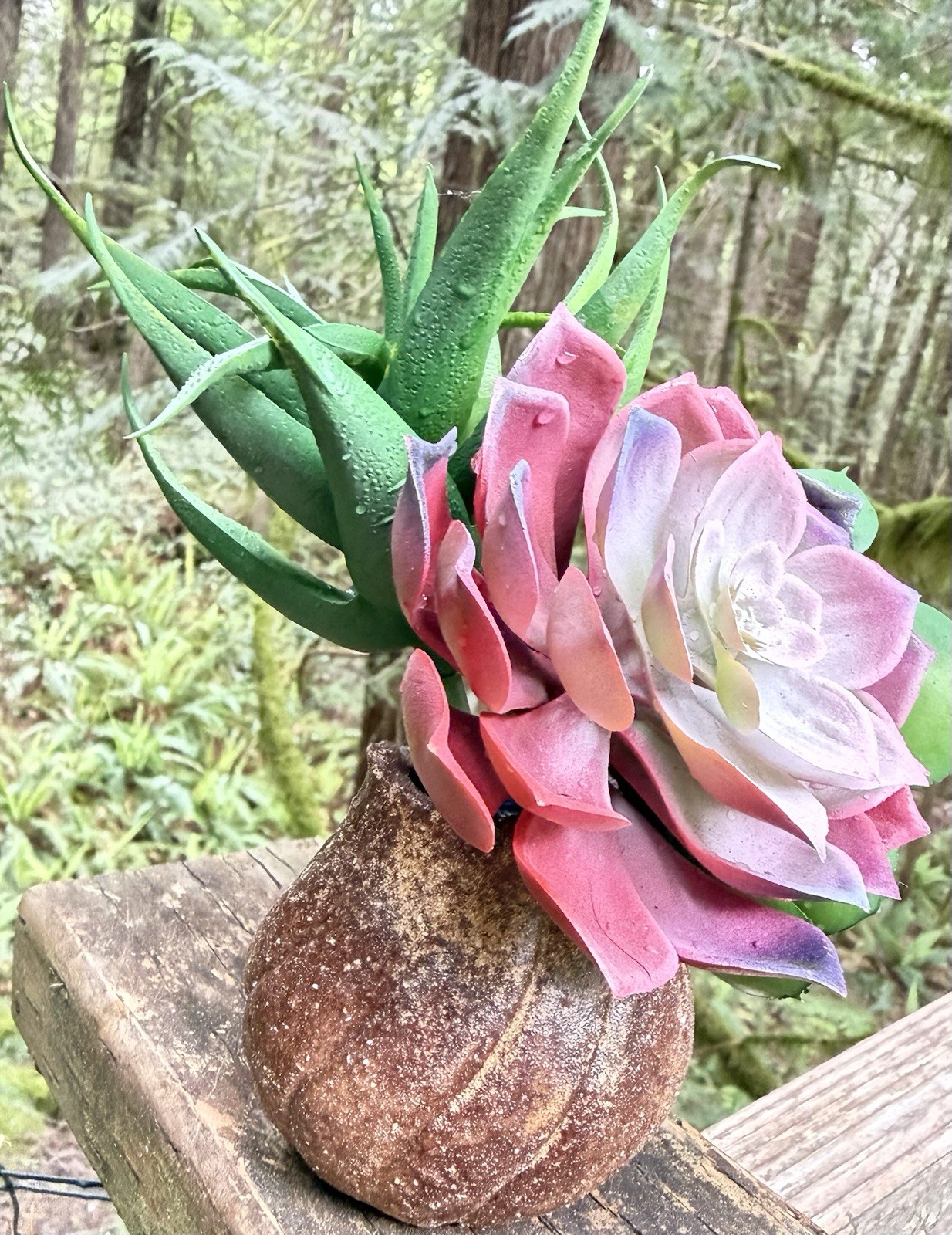 7″ Pink & green Artificial Succulent Arrangement in small 2.75 “ ceramic vase