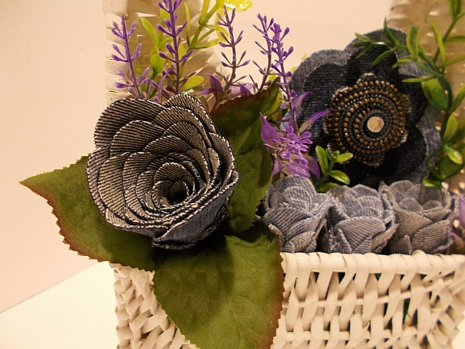 White Wicker Pocket Basket w Denim Roses Denim Zipper Flower w Faux Lavender