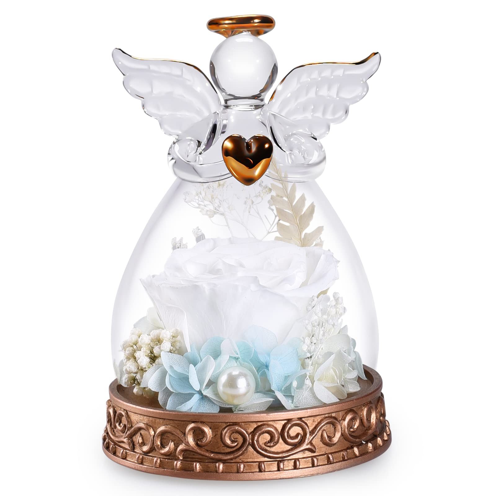 Preserved Real Rose in Glass Angel Figurine with LED Light, Angel Gifts for Wome