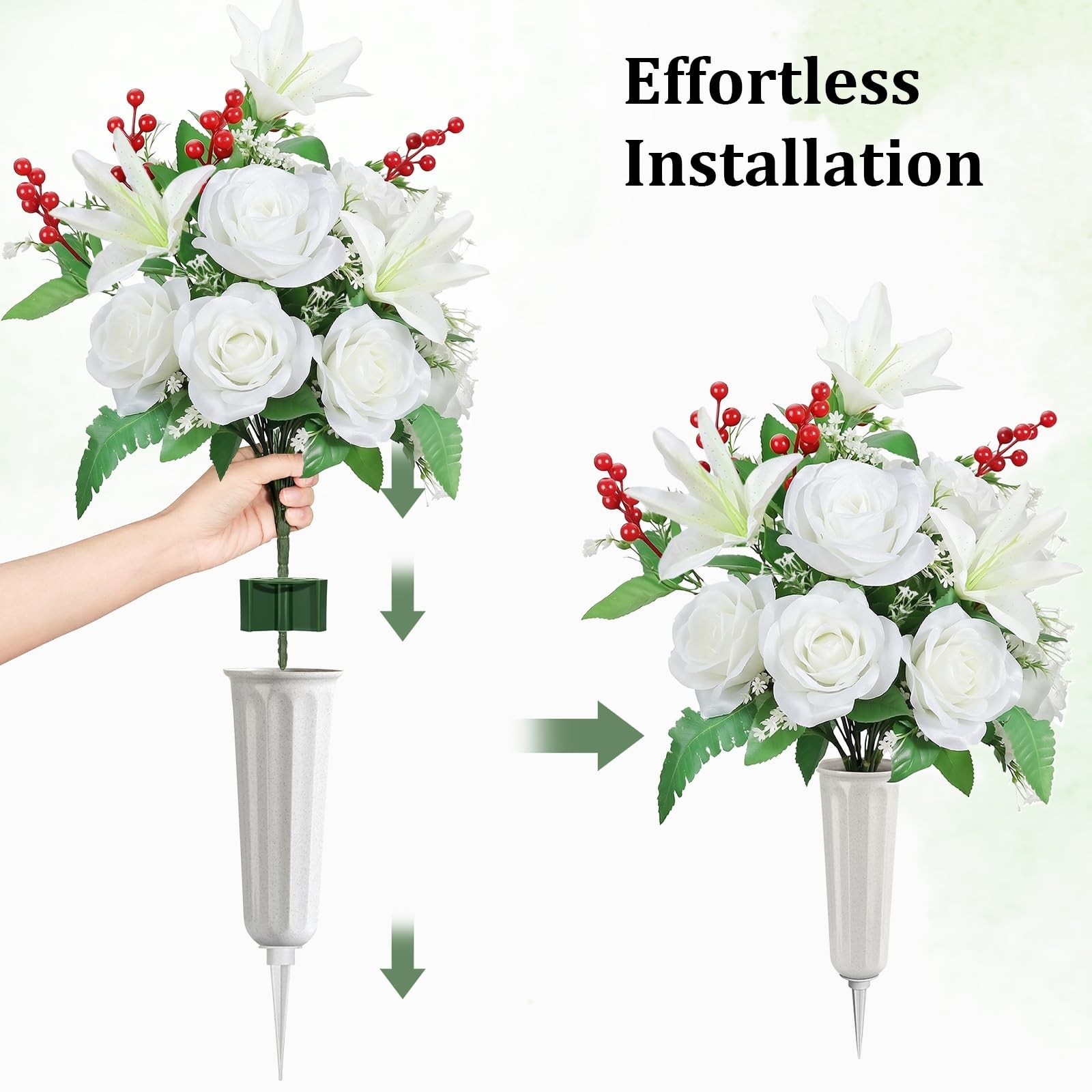 Artificial Cemetery Flowers with Vase, 2 Sets Outdoor Grave Decorations UV Re…