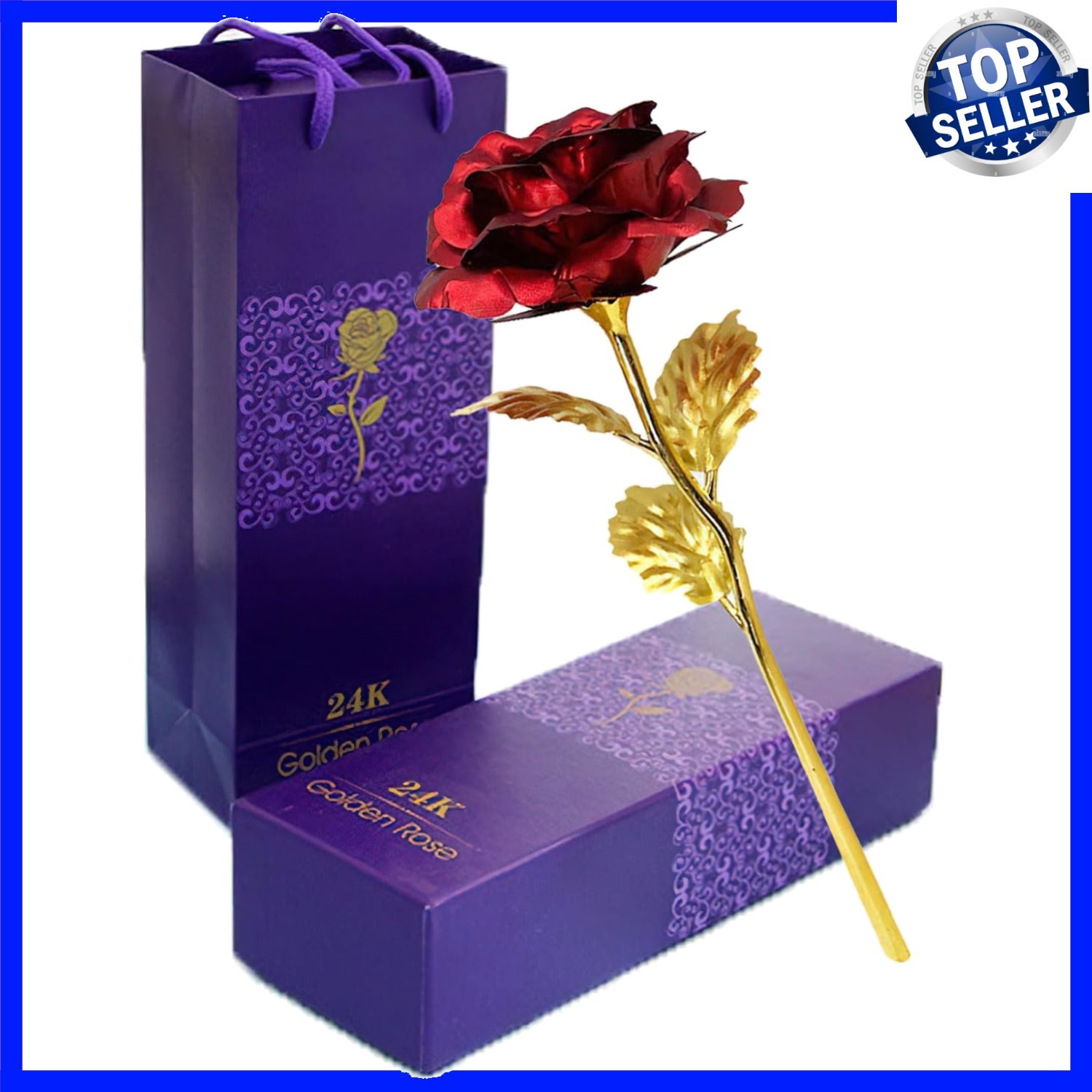 24K Red Rose Flower Creative Artificial Gold Dipped Rose Long Stem Forever Ro…